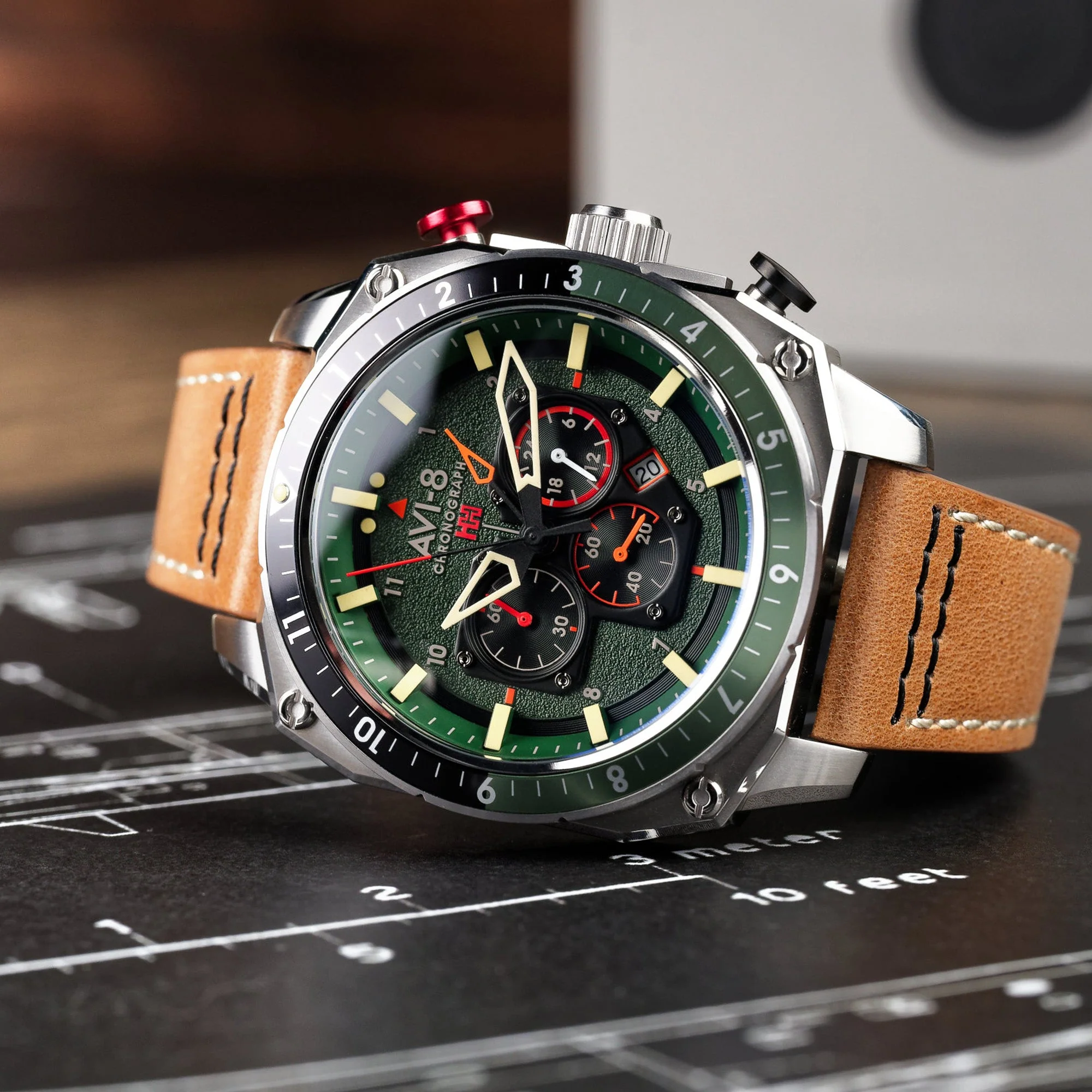 Hawker Hunter Atlas Dual Time Chronograph Green / Leather | Green Dial - Image 11