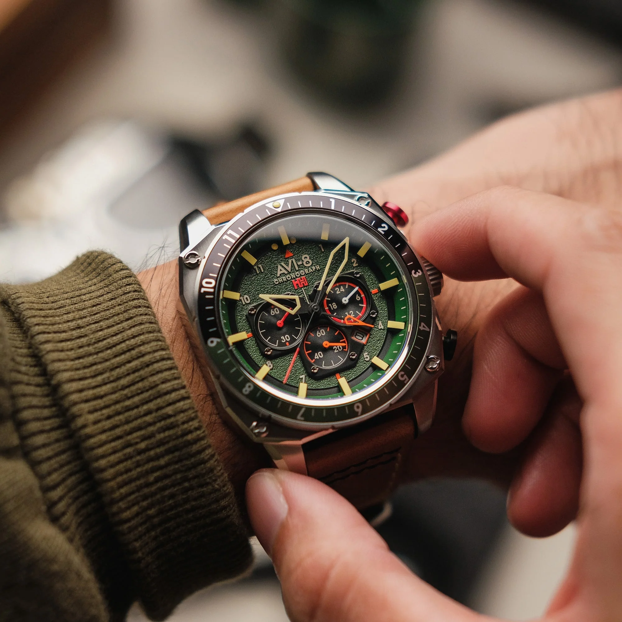 Hawker Hunter Atlas Dual Time Chronograph Green / Leather | Green Dial - Image 3