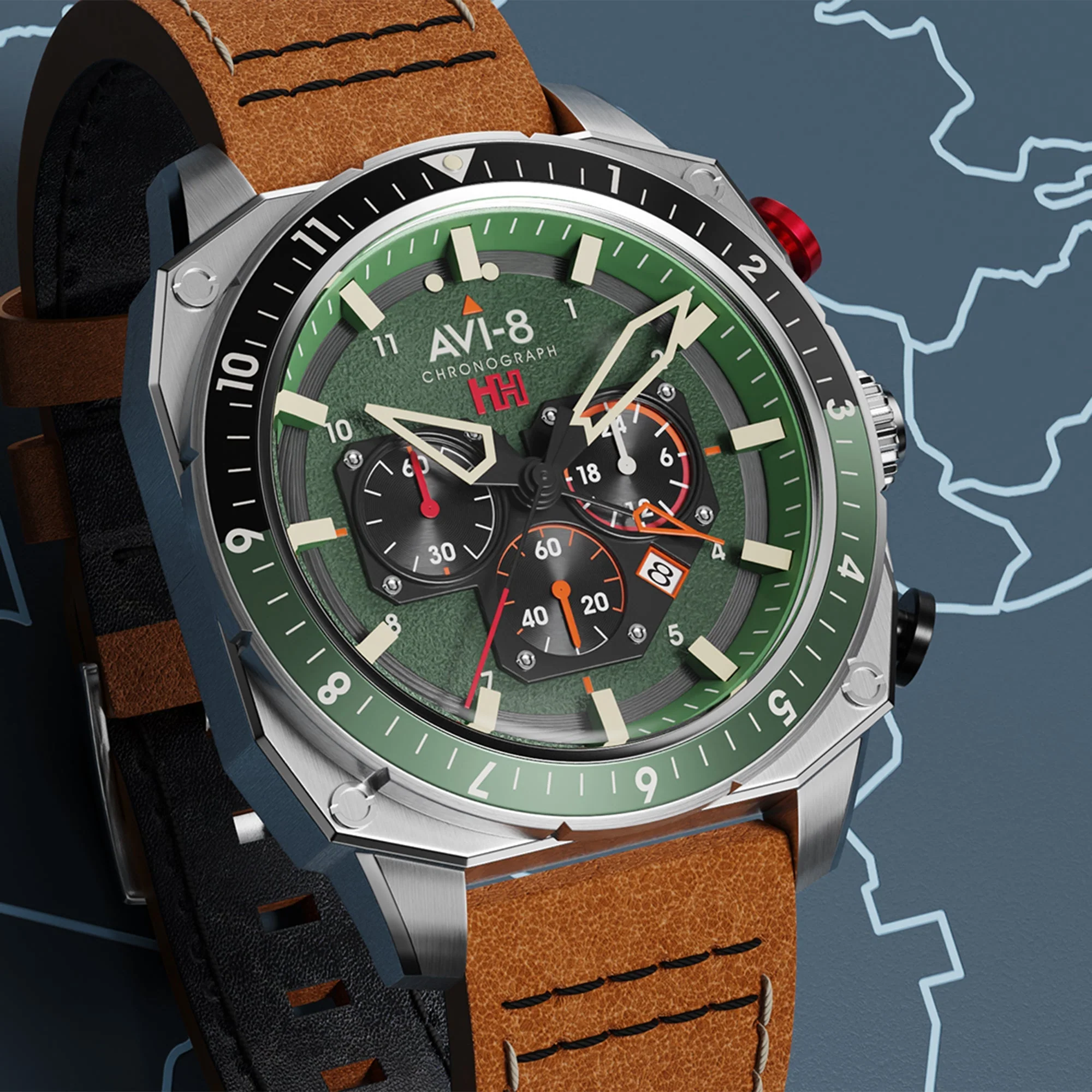 Hawker Hunter Atlas Dual Time Chronograph Green / Leather | Green Dial - Image 8