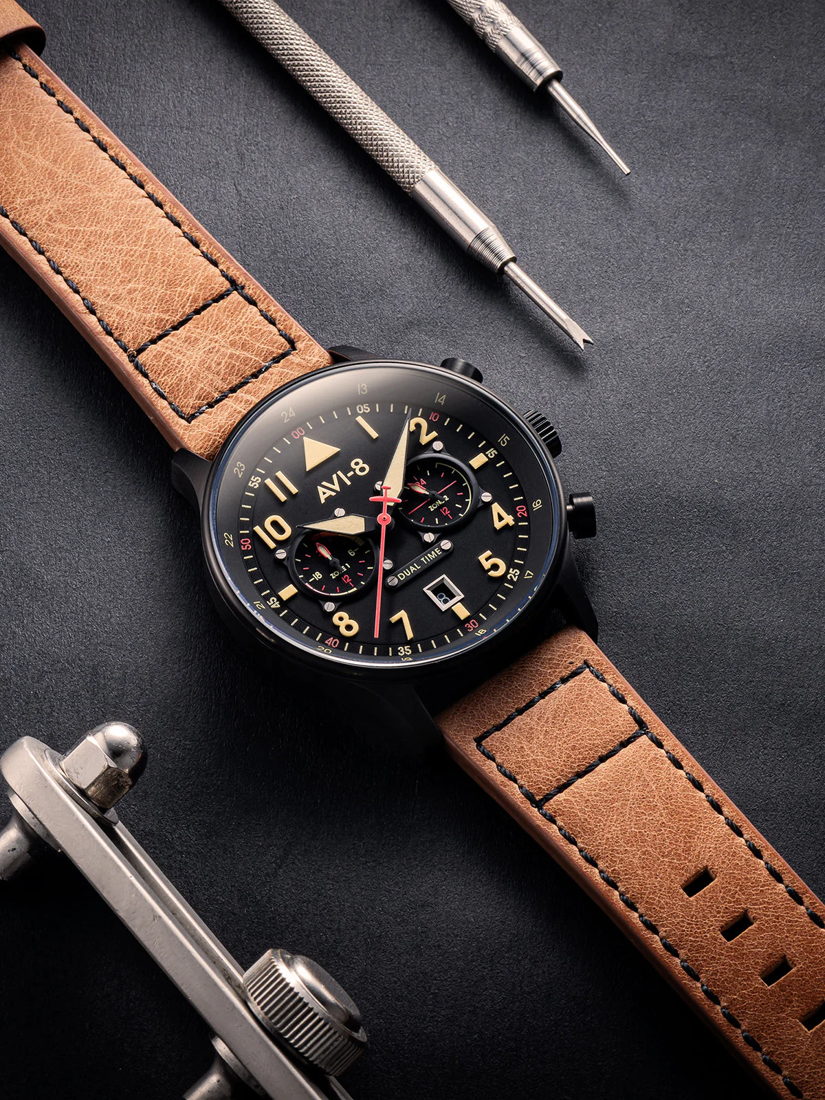 Hawker Hurricane Carey Dual Time Black  Dial / Leather |  Dial - Image 9
