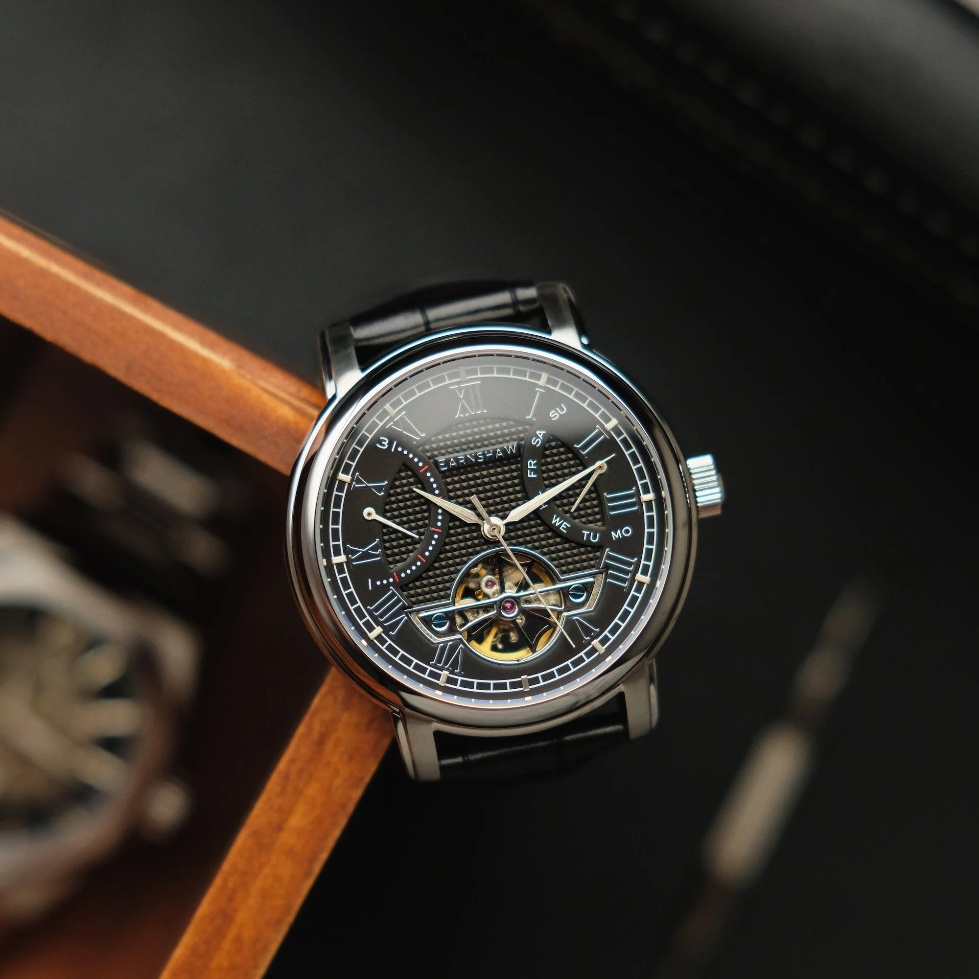 Heritage Longcase Double Retrograde Calendar Open Heart Automatic Black / Genuine Leather Strap | Black Dial - Image 3