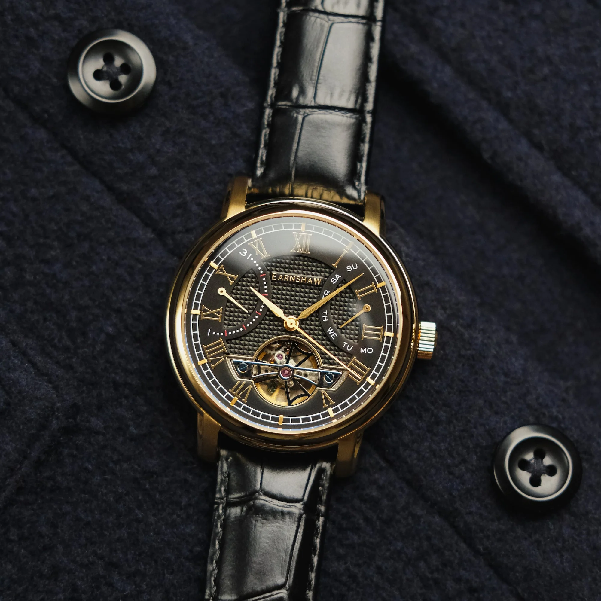 Heritage Longcase Double Retrograde Calendar Open Heart Automatic Black / Genuine Leather Strap Black Dial - Image 3
