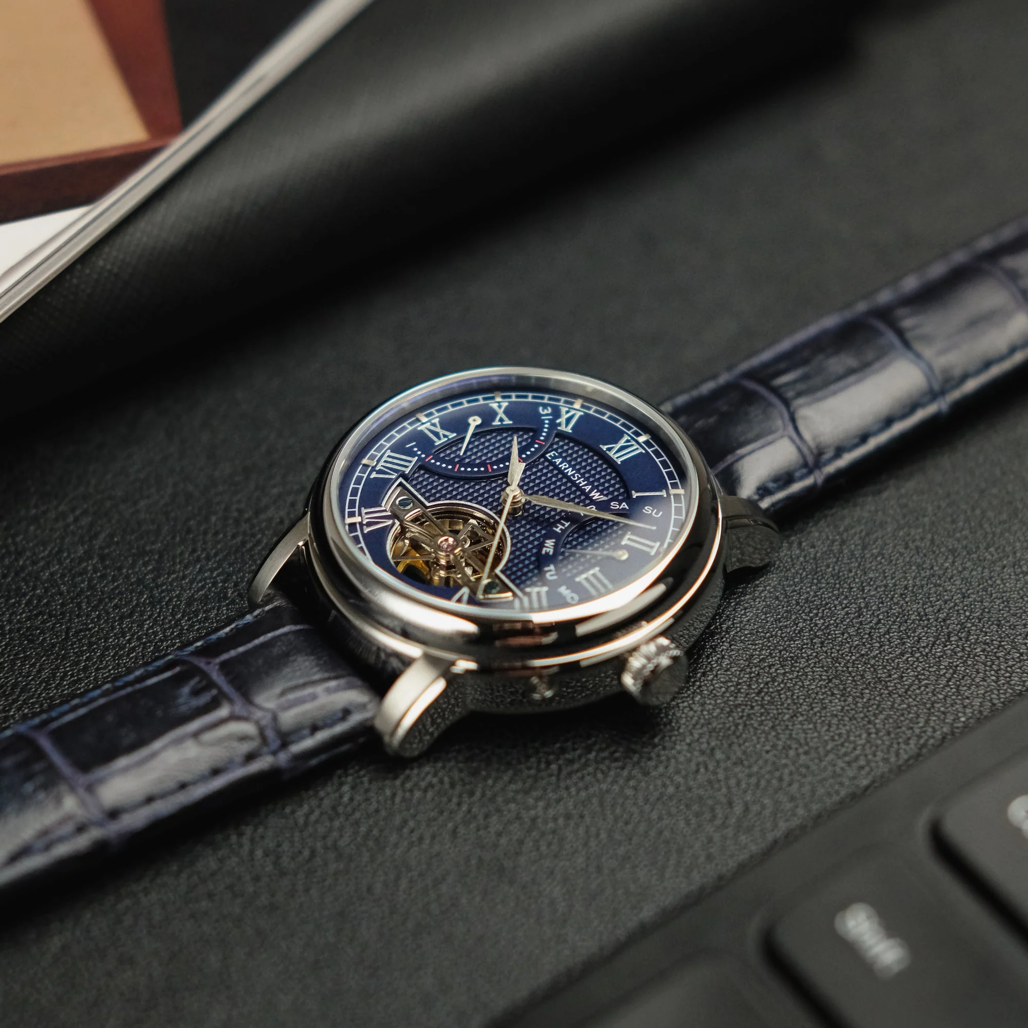 Heritage Longcase Double Retrograde Calendar Open Heart Automatic Blue / Genuine Leather Strap | Blue Dial - Image 3