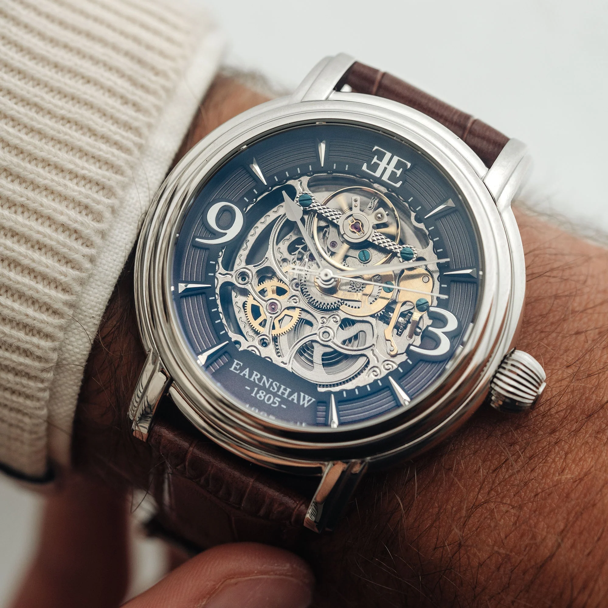 Longcase Automatic Skeleton Watch Grey & Brown / Genuine leather strap | Gray Dial - Image 3