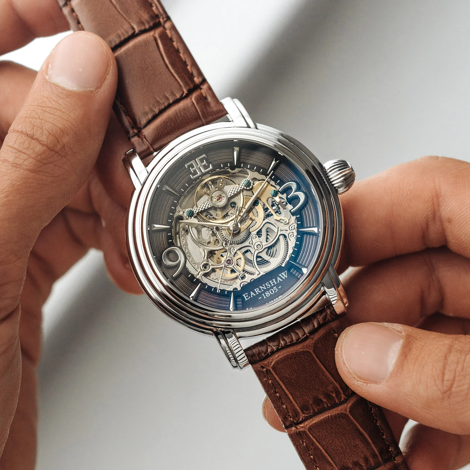 Longcase Automatic Skeleton Watch Grey & Brown / Genuine leather strap | Gray Dial - Image 4