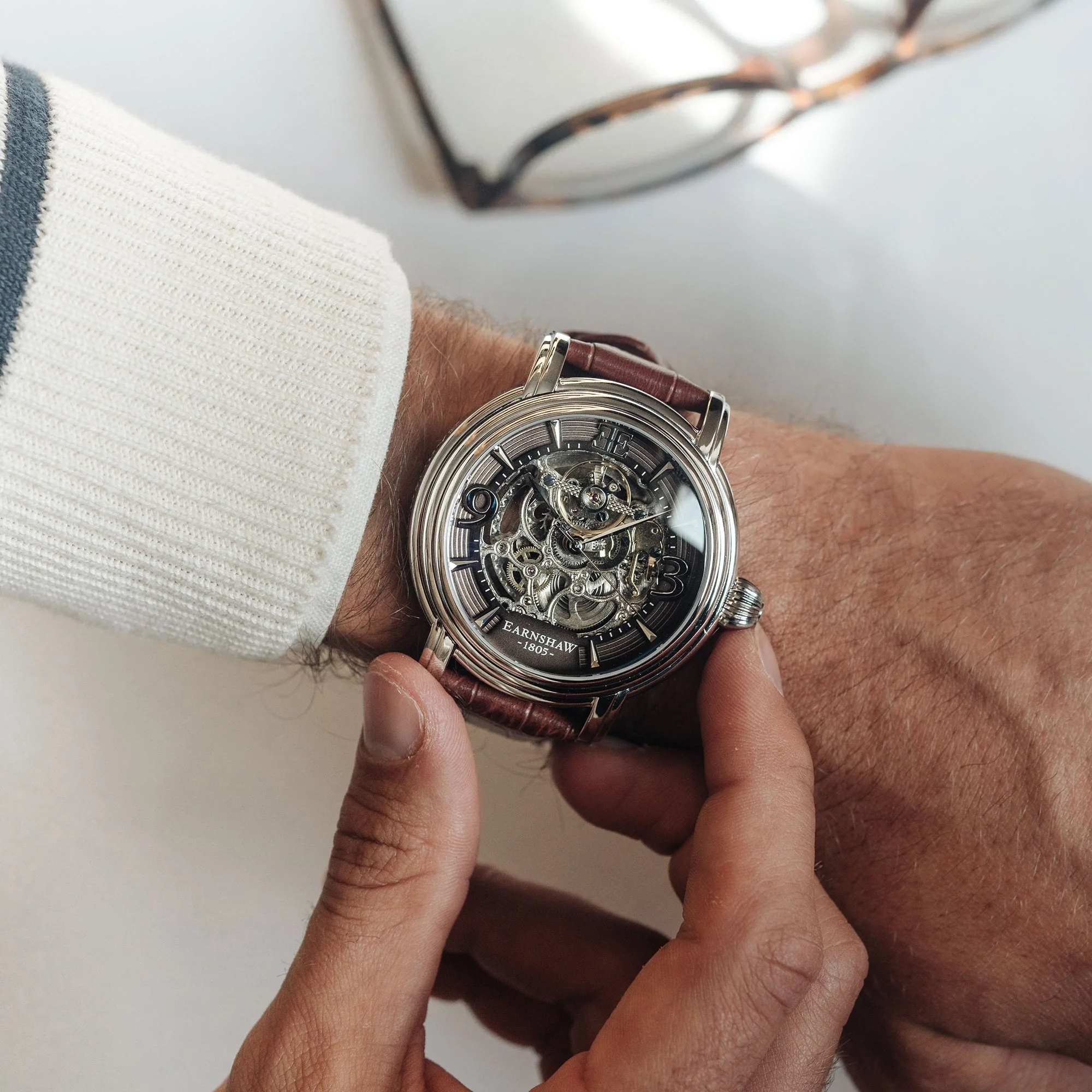 Longcase Automatic Skeleton Watch Grey & Brown / Genuine leather strap | Gray Dial - Image 5