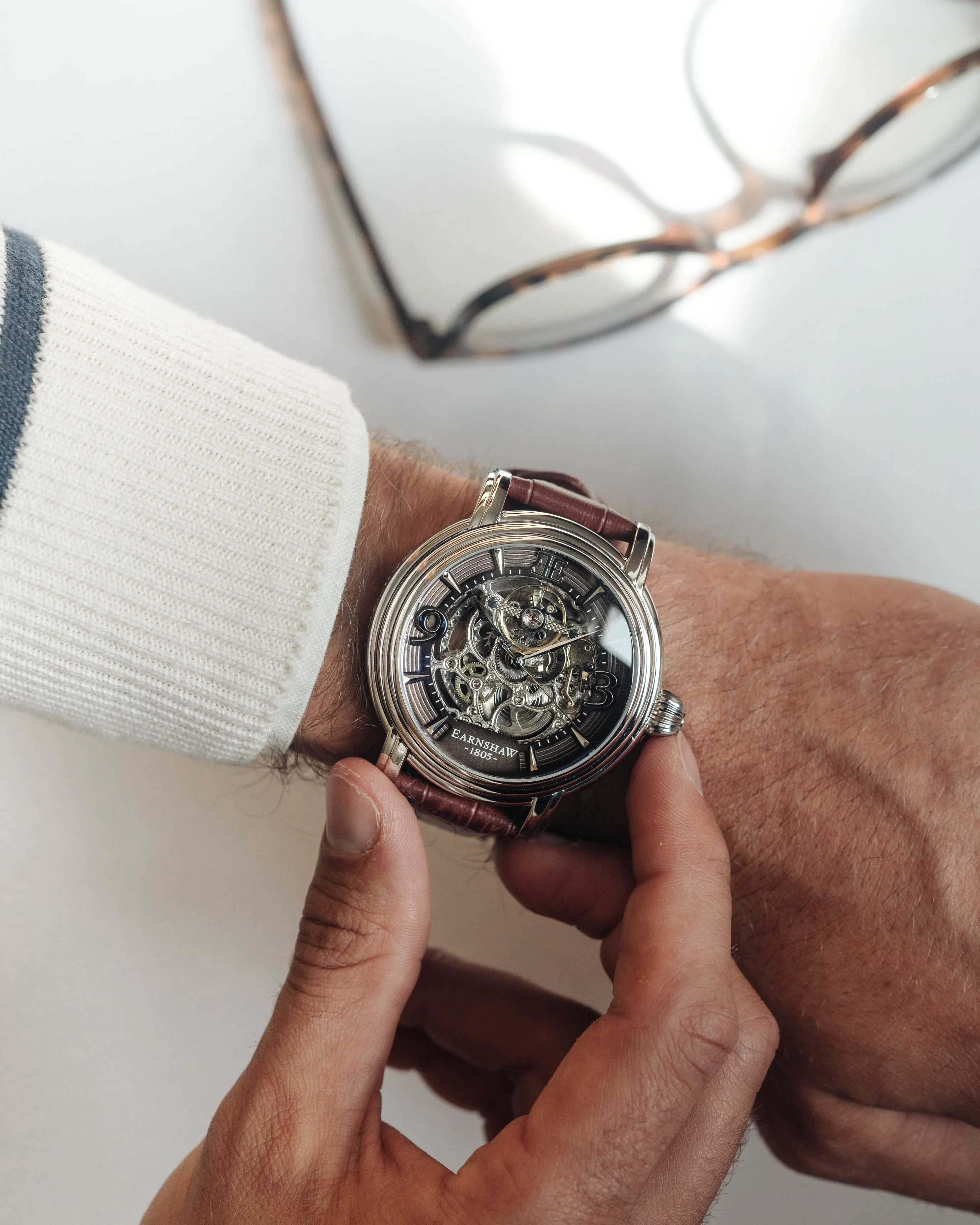 Longcase Automatic Skeleton Watch Grey & Brown / Genuine leather strap | Gray Dial - Image 9