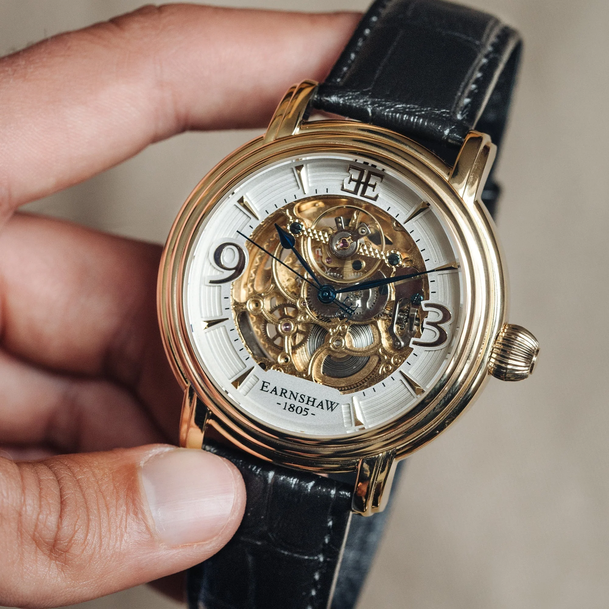 Longcase Automatic Skeleton Watch Silver White & Black / Genuine leather strap | Silver Dial - Image 4