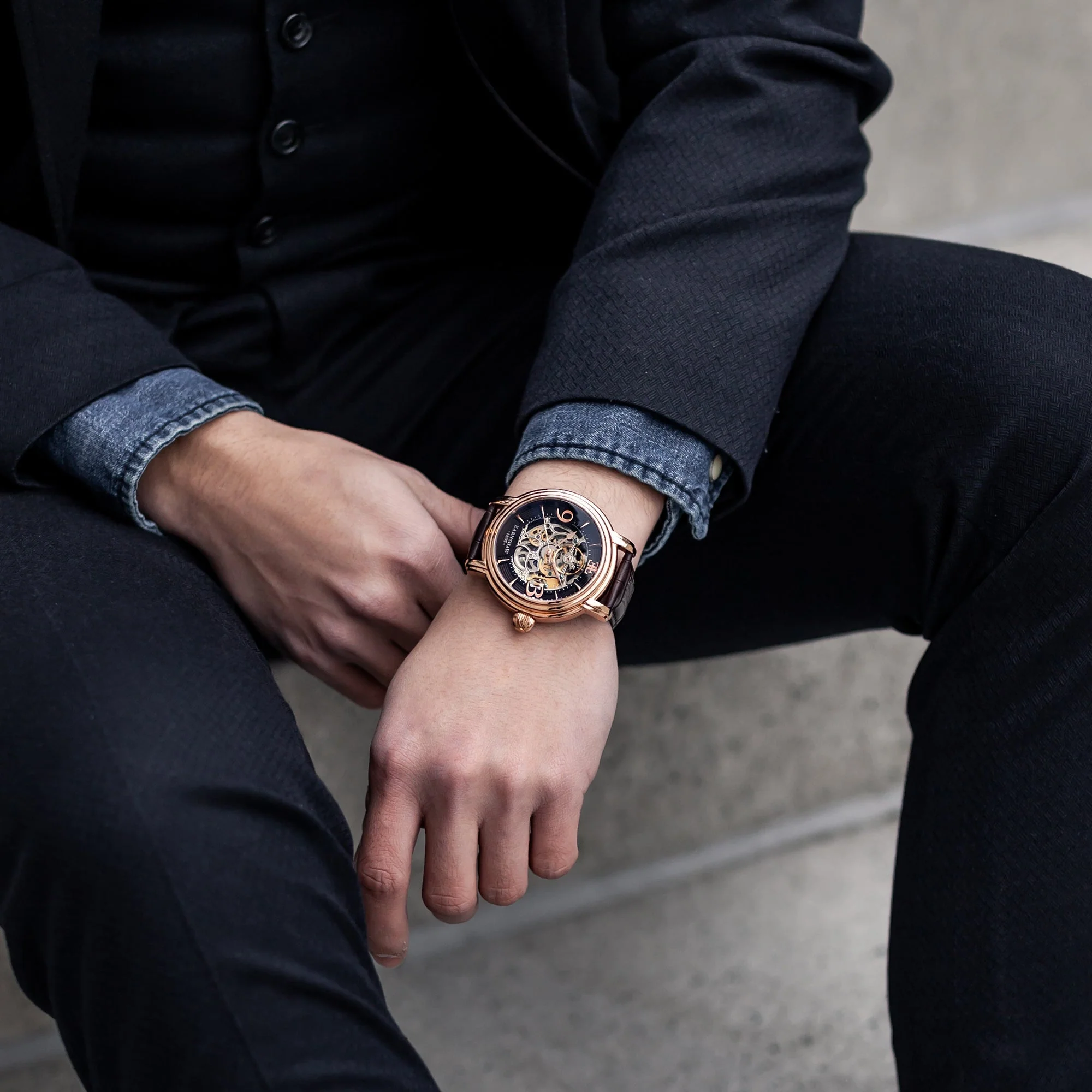 Longcase Automatic Skeleton Watch Brown / Genuine leather strap | Brown Dial - Image 10