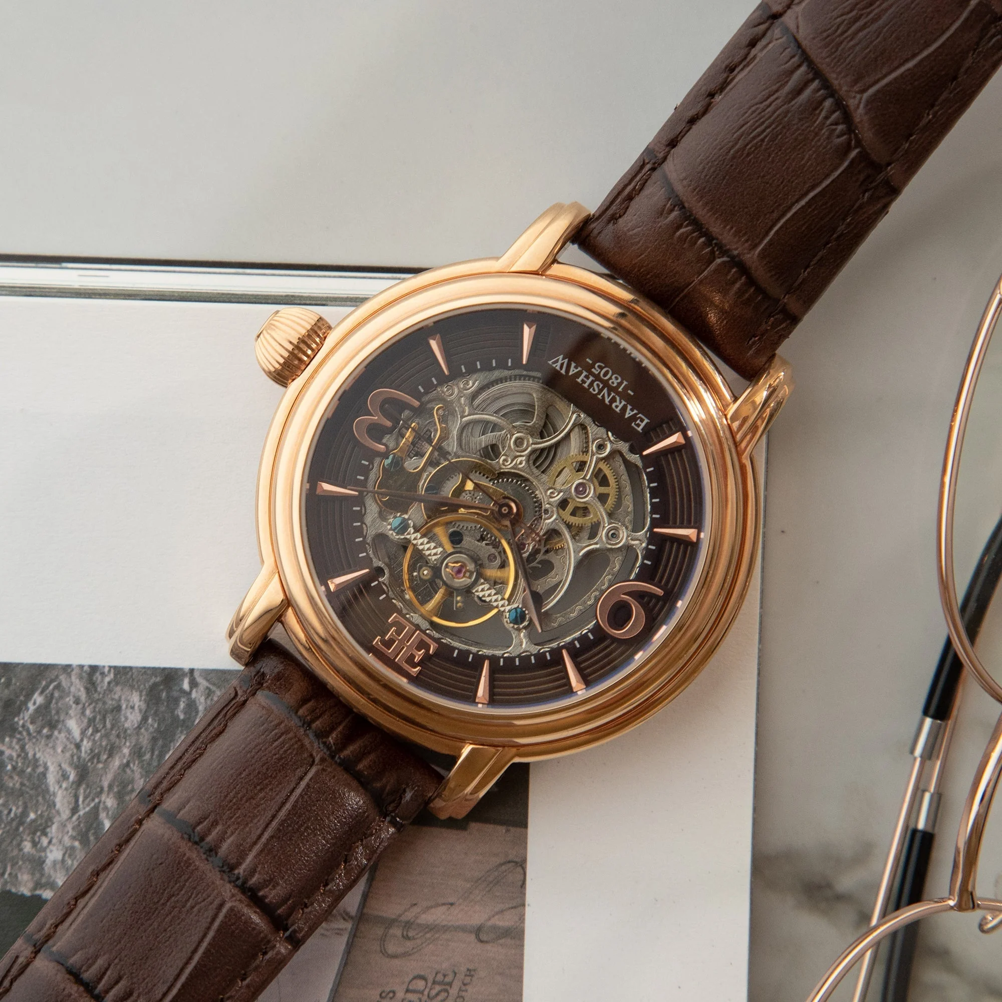 Longcase Automatic Skeleton Watch Brown / Genuine leather strap | Brown Dial - Image 16
