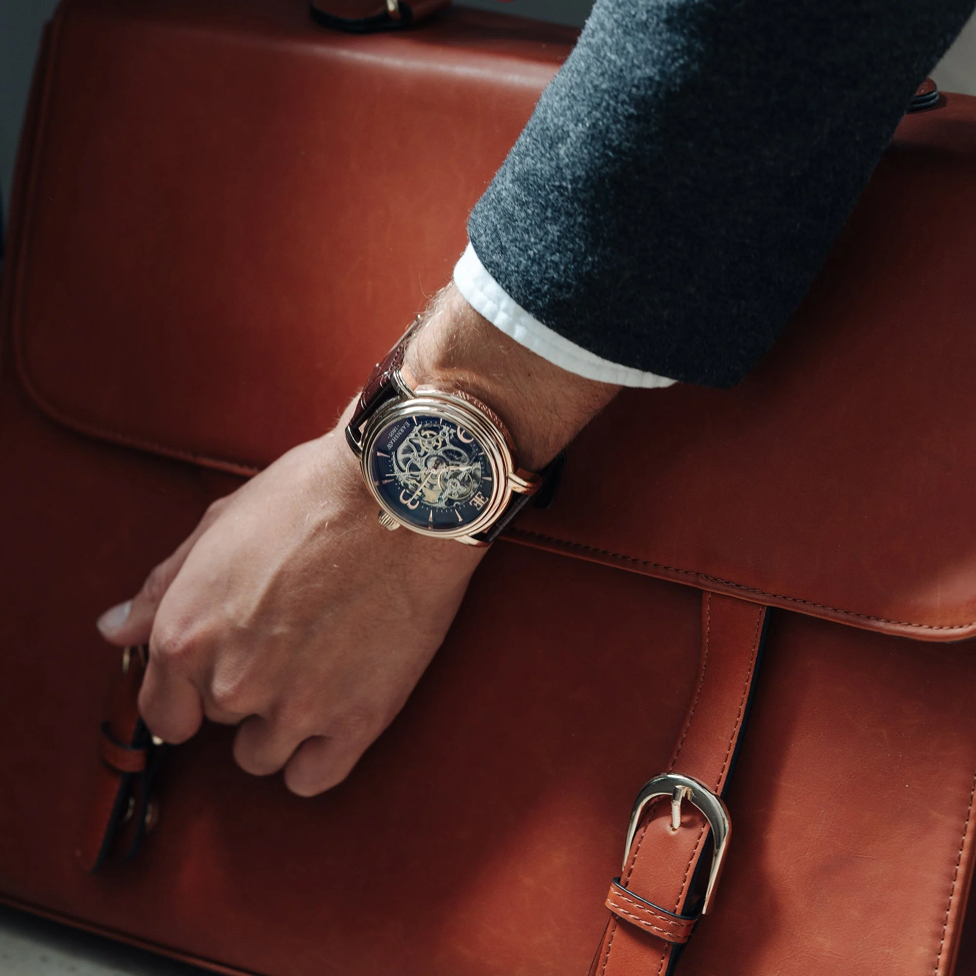 Longcase Automatic Skeleton Watch Brown / Genuine leather strap | Brown Dial - Image 6