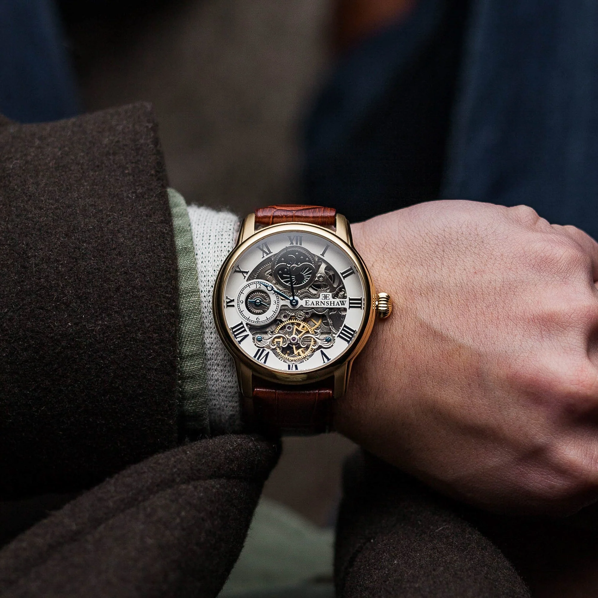 Longitude Automatic Skeleton Watch Silver White & Brown Gold / Genuine leather strap Silver Dial - Image 2