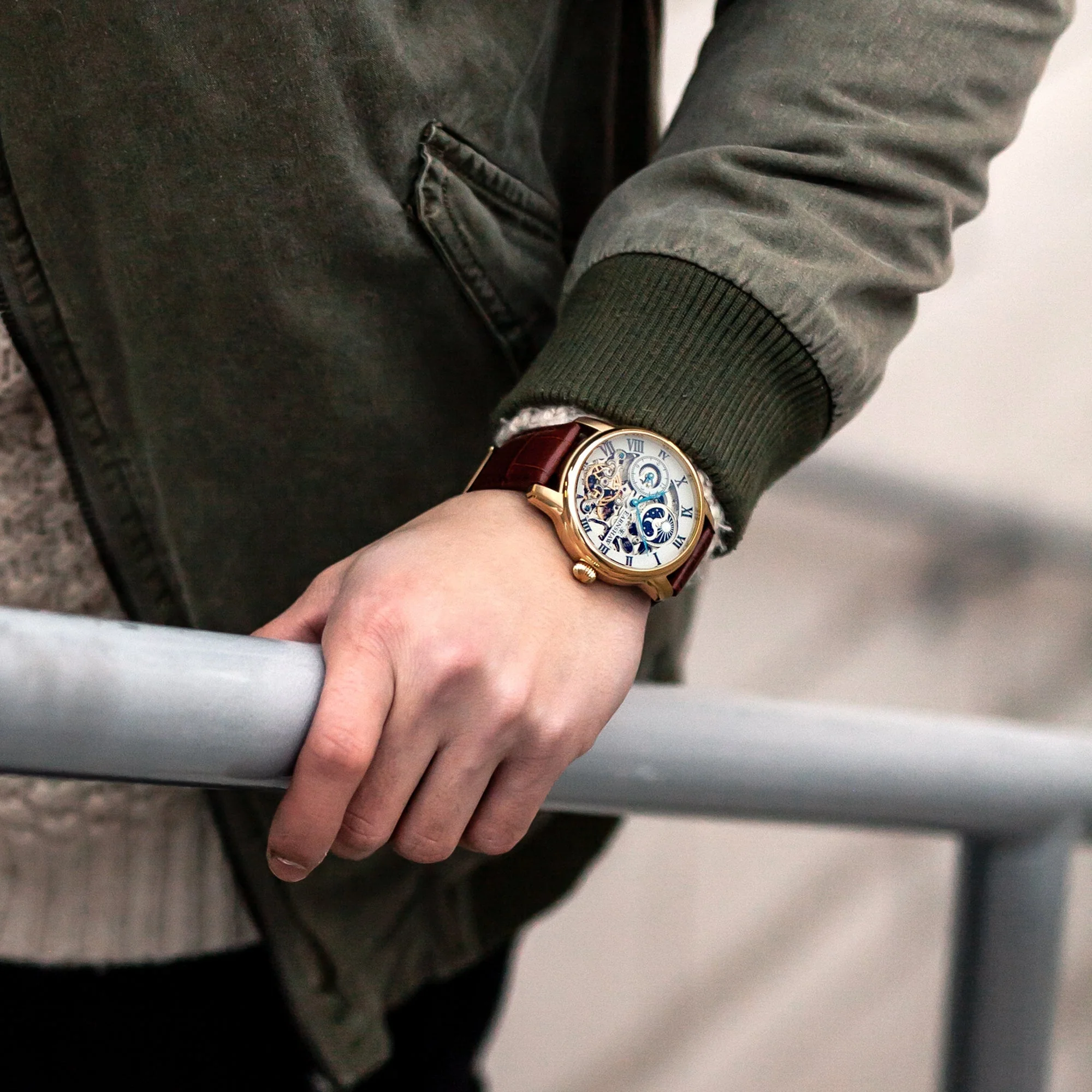 Longitude Automatic Skeleton Watch Silver White & Brown Gold / Genuine leather strap Silver Dial - Image 3