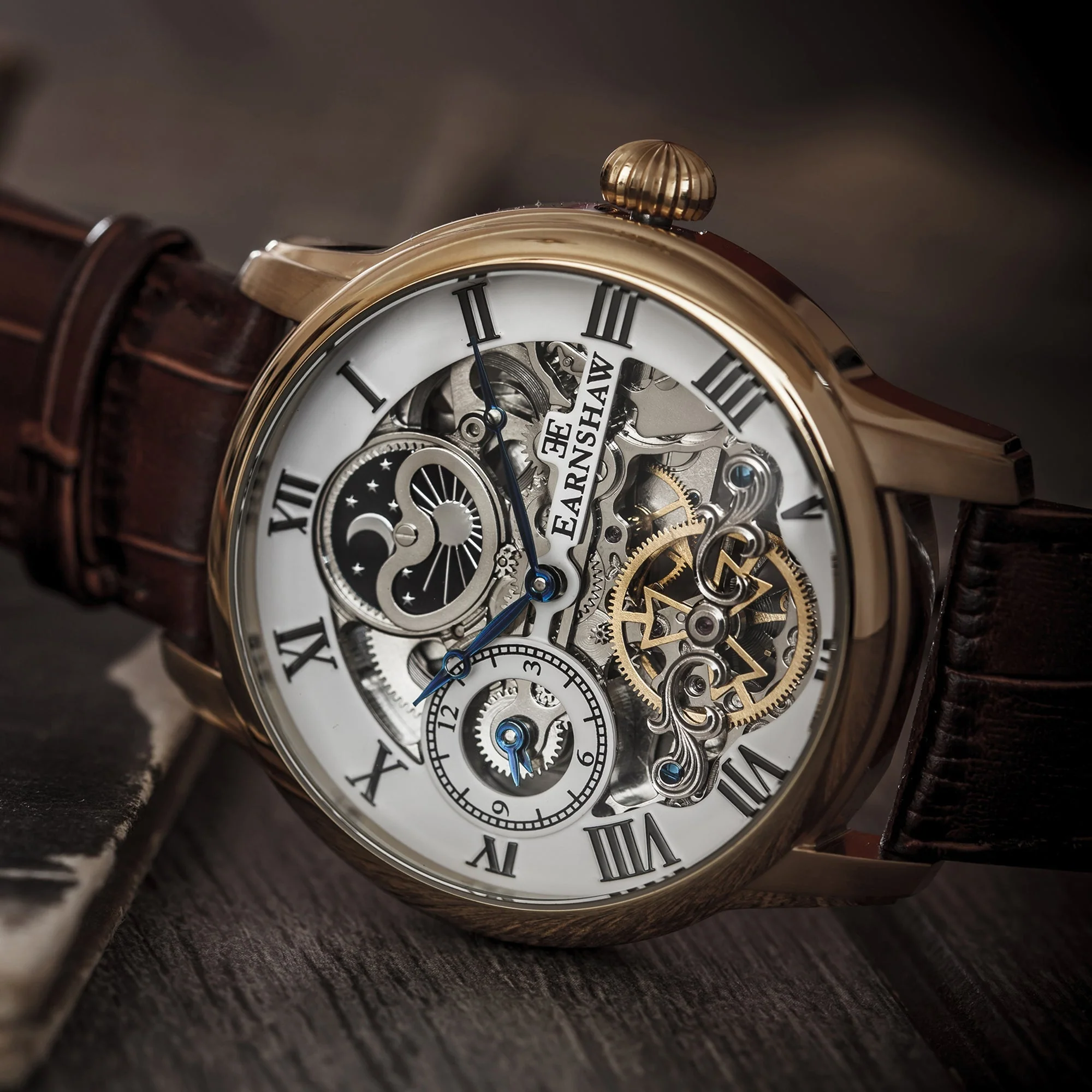 Longitude Automatic Skeleton Watch Silver White & Brown Gold / Genuine leather strap Silver Dial - Image 4