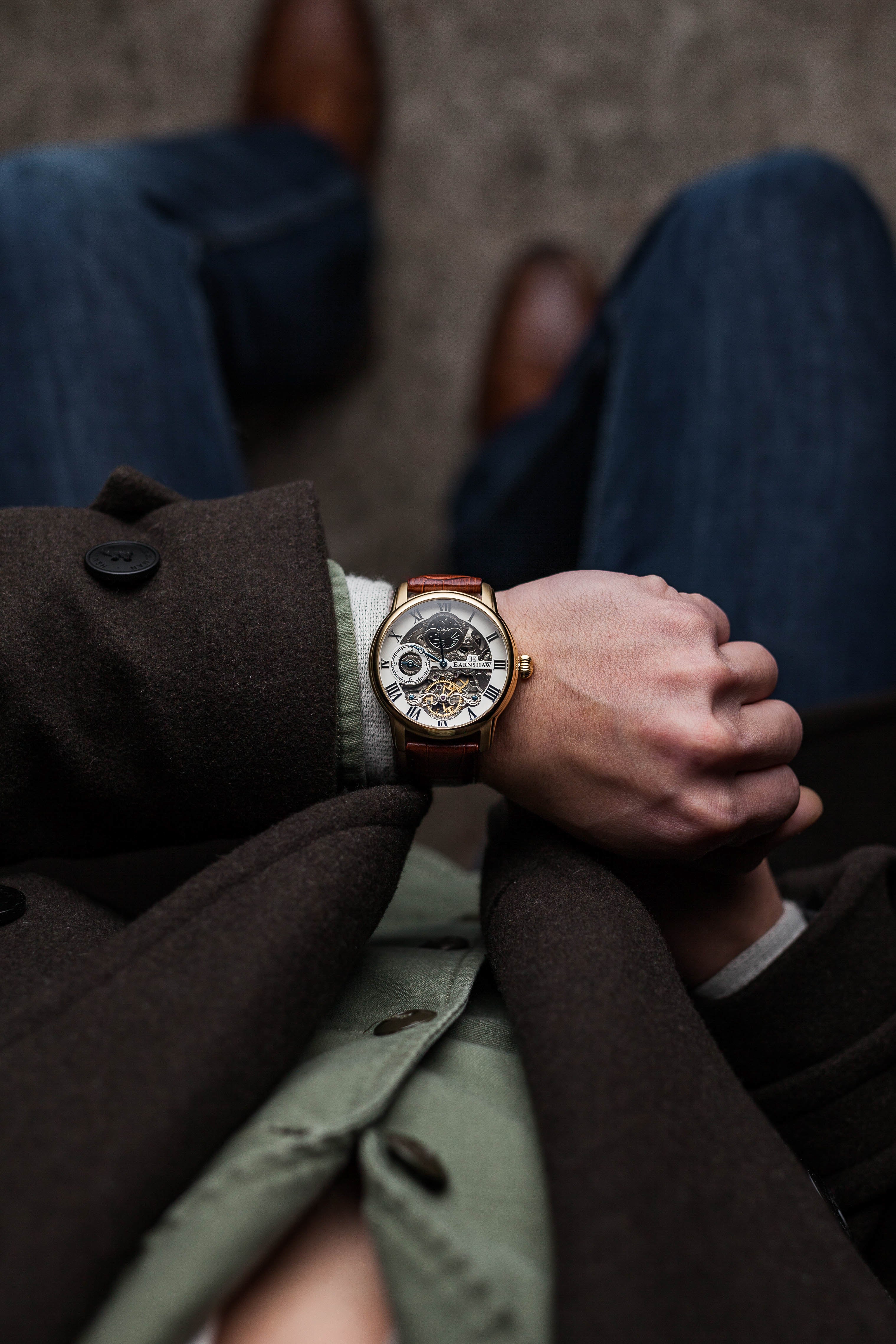 Longitude Automatic Skeleton Watch Silver White & Brown Gold / Genuine leather strap Silver Dial - Image 6