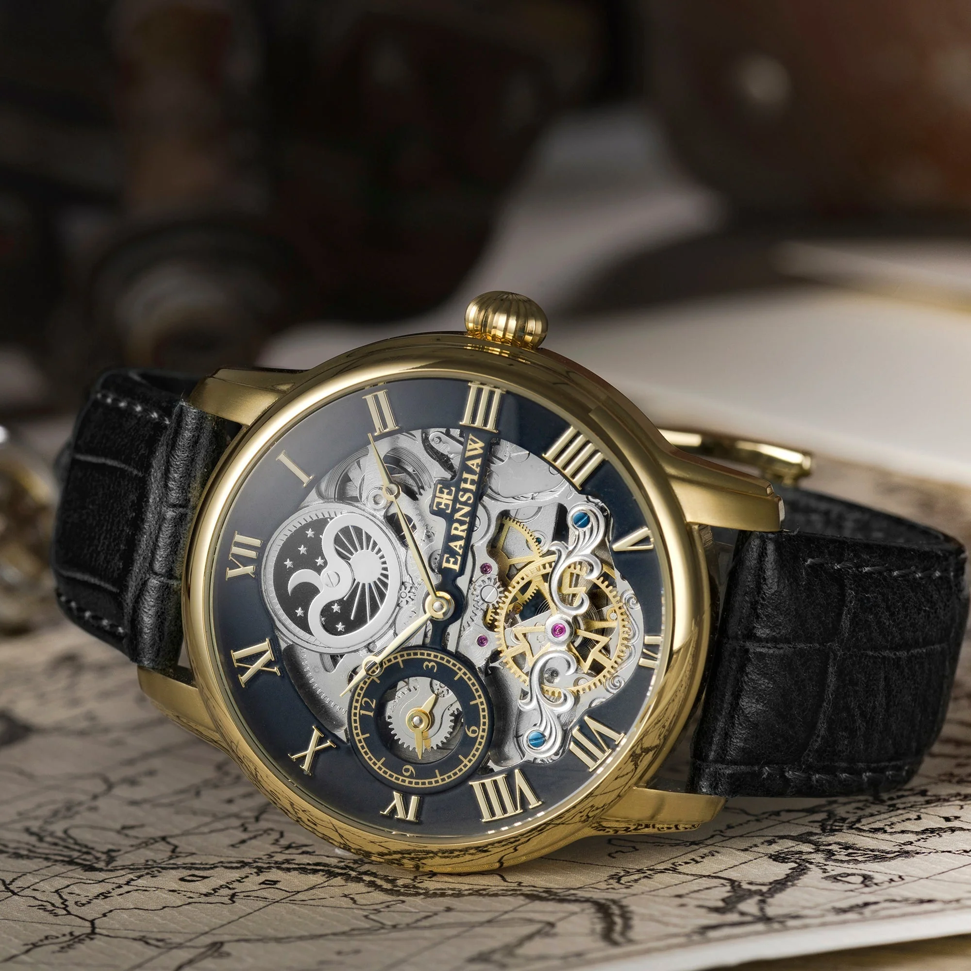 Longitude Automatic Skeleton Watch Black w/ Genuine leather strap | Black Dial - Image 6