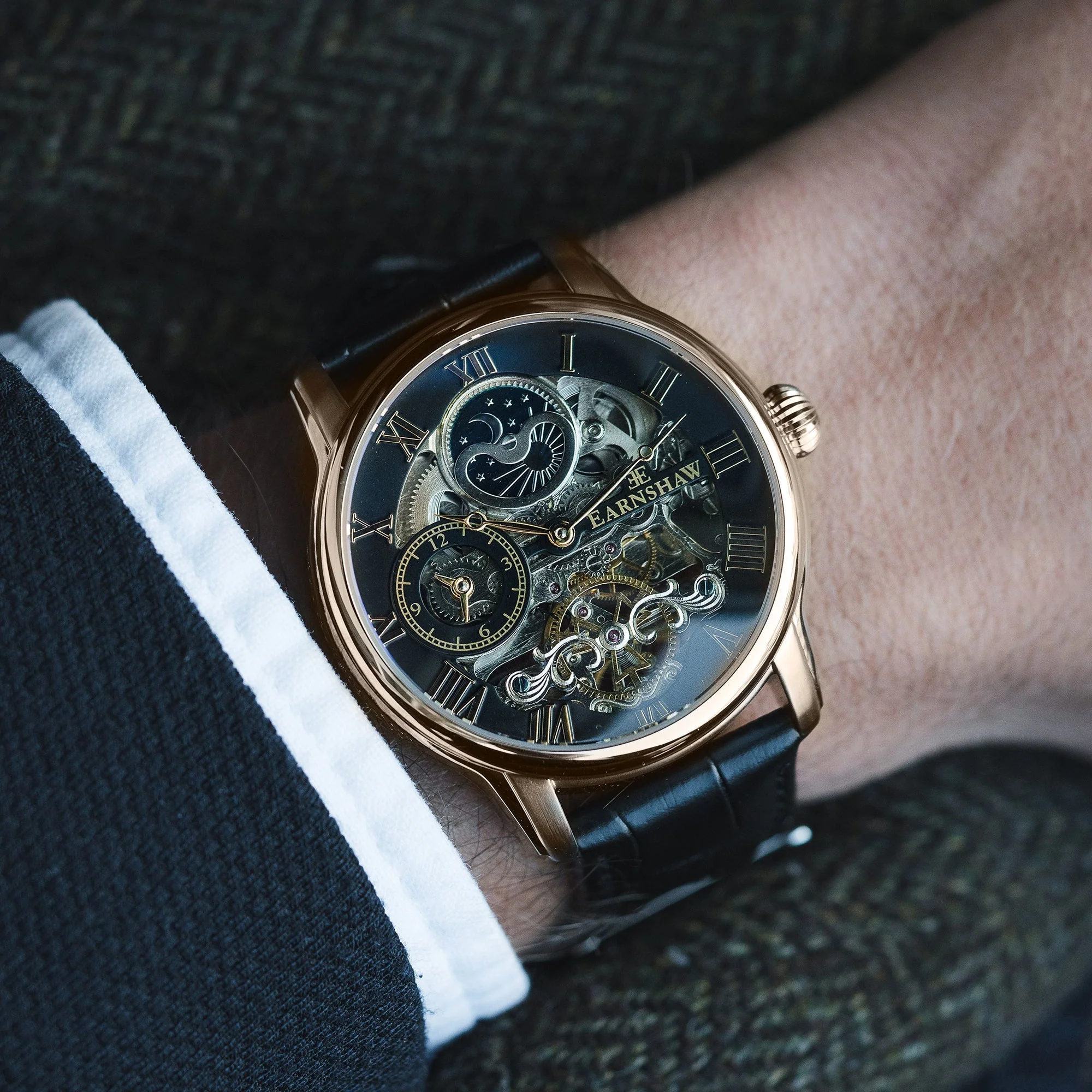 Longitude Automatic Skeleton Watch Black, Genuine leather strap | Semi-transparent Dial - Image 2