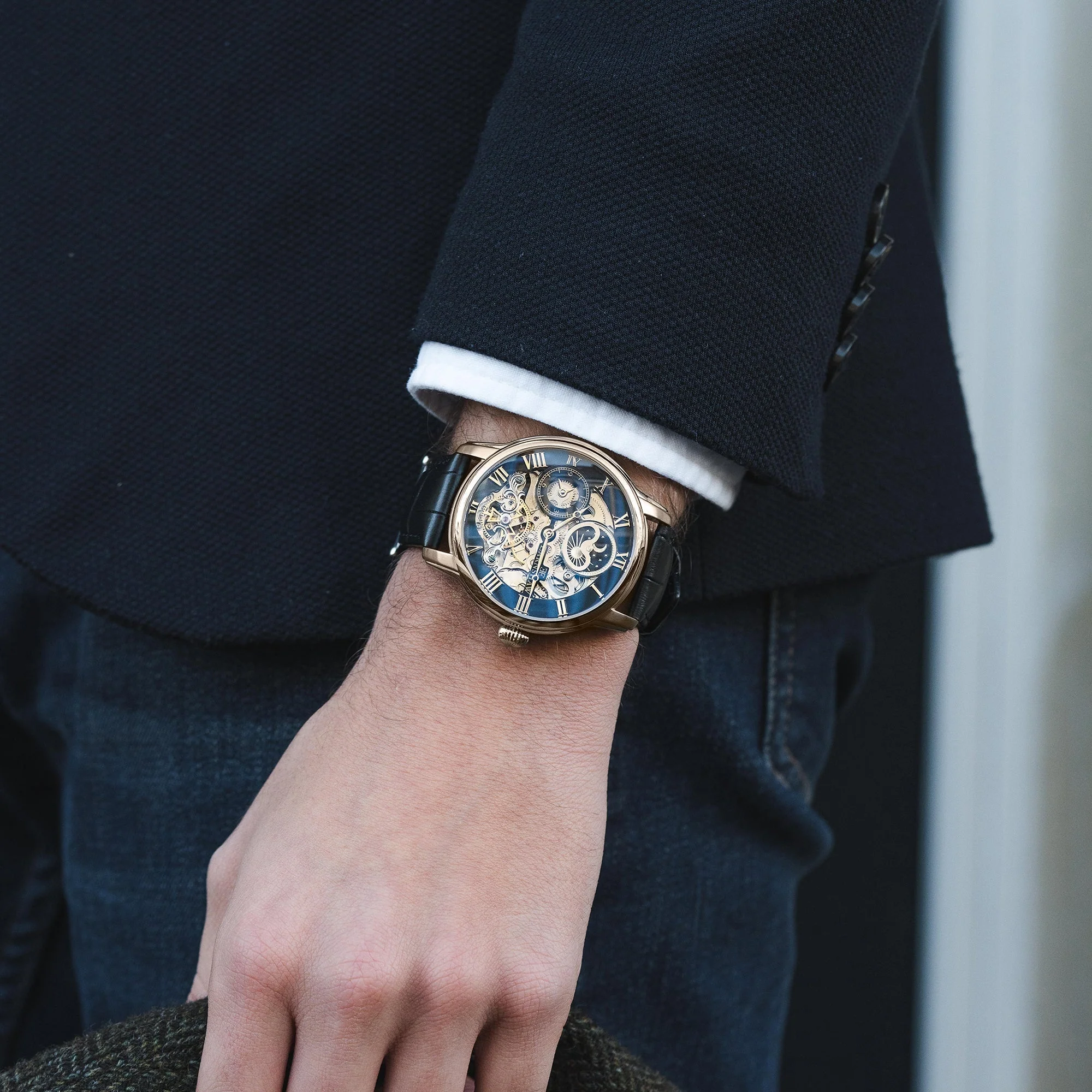 Longitude Automatic Skeleton Watch Black, Genuine leather strap | Semi-transparent Dial - Image 3