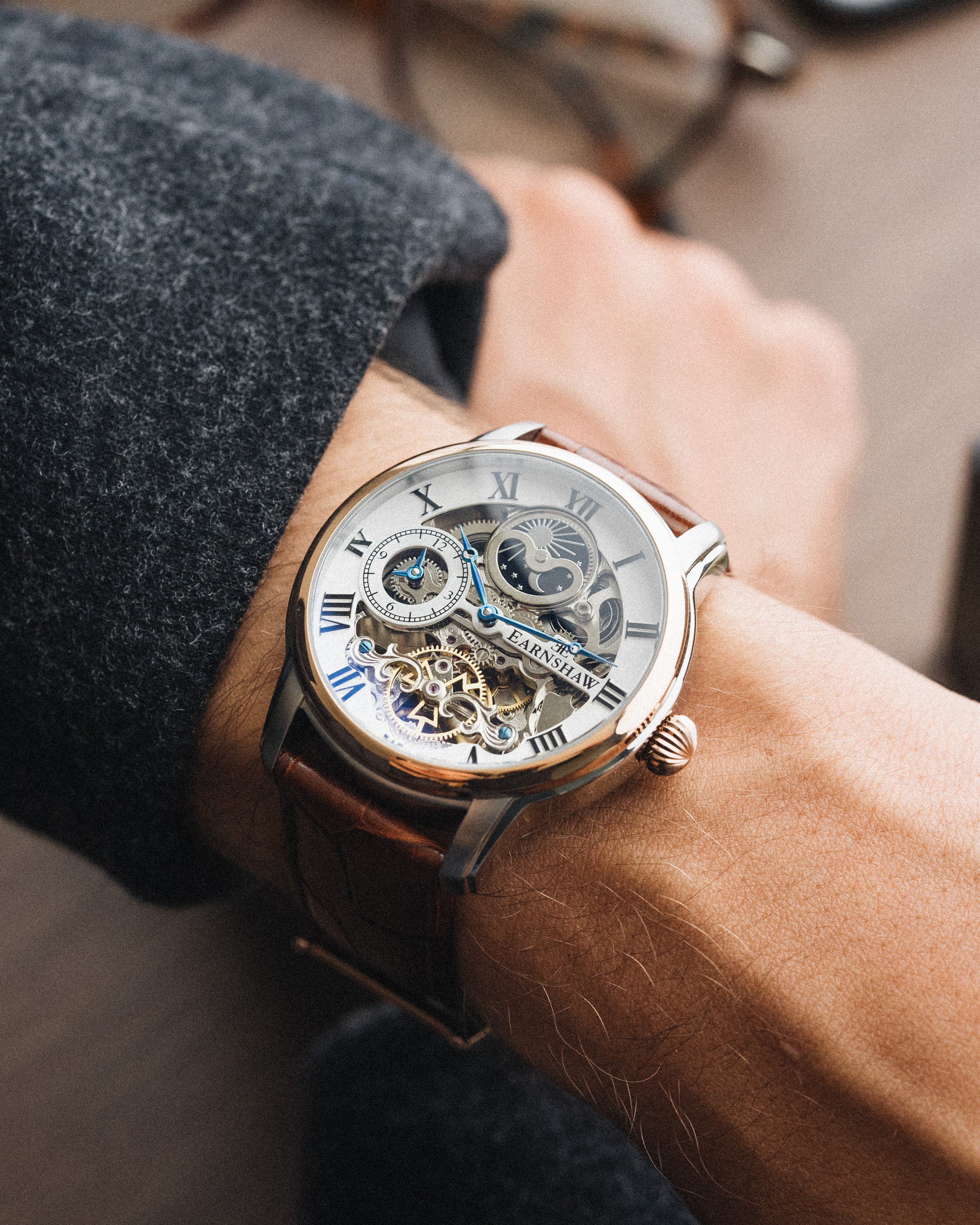 Longitude Automatic Skeleton Watch Silver White & Brown / Genuine leather strap Semi-transparent Dial - Image 10