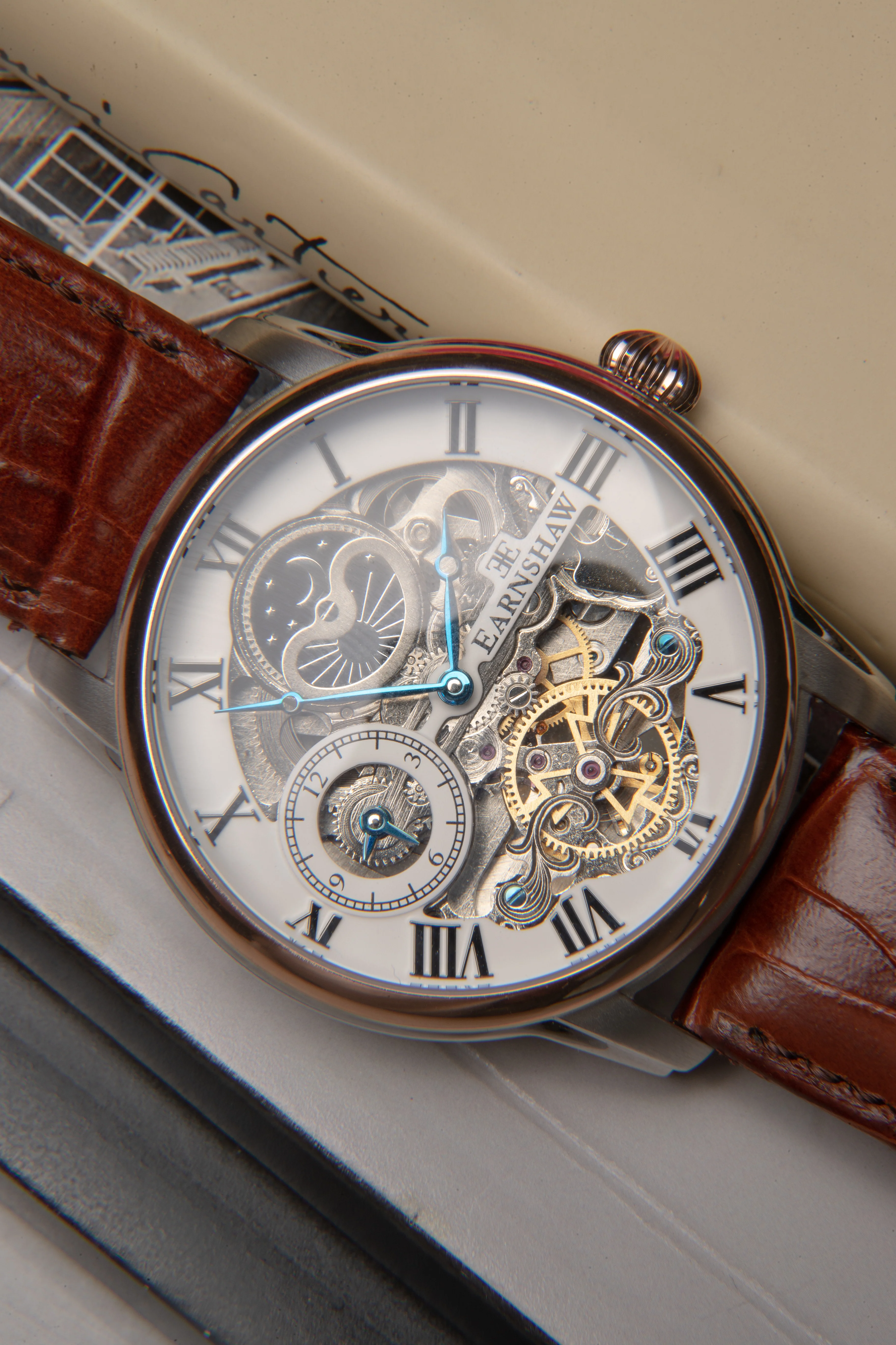 Longitude Automatic Skeleton Watch Silver White & Brown / Genuine leather strap Semi-transparent Dial - Image 12