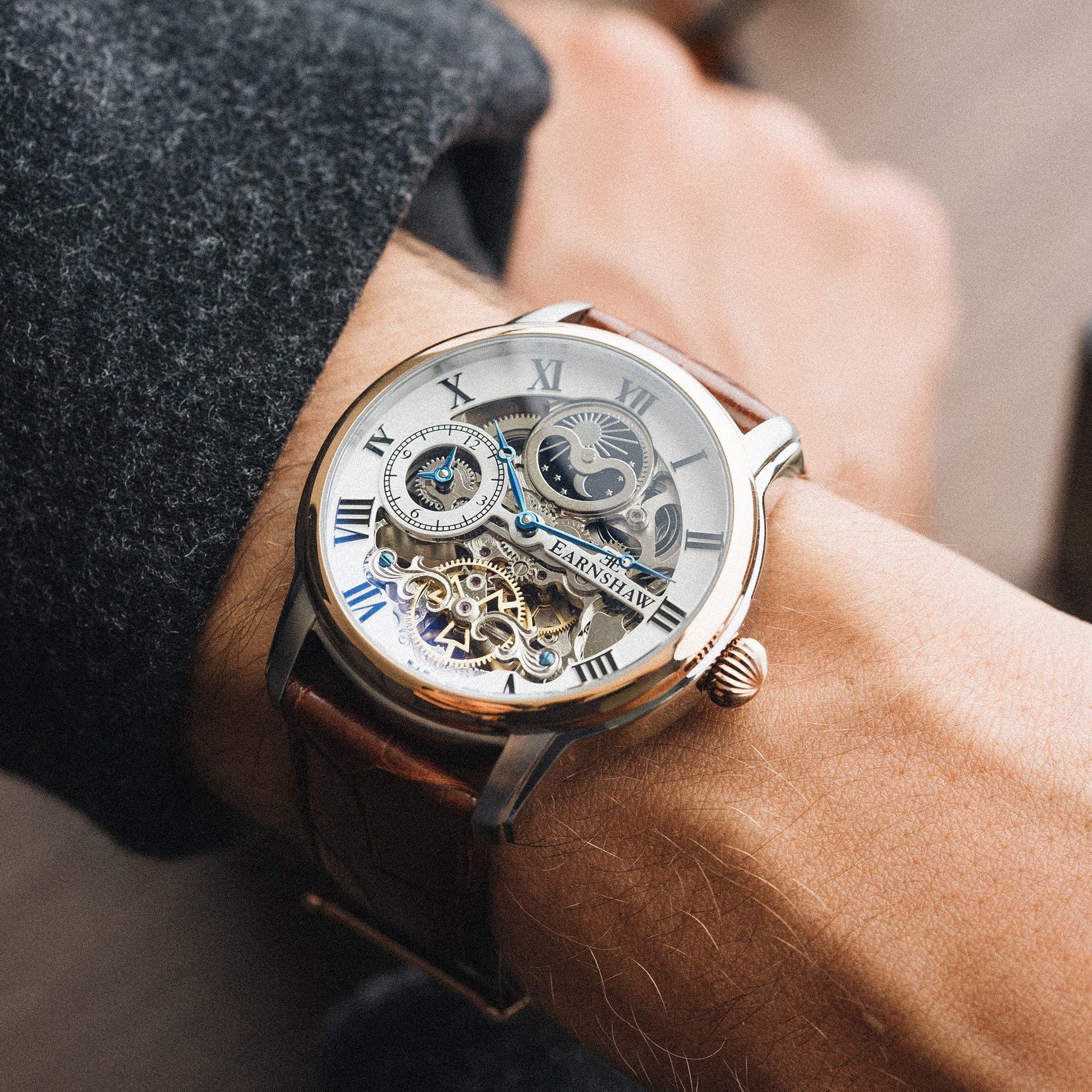 Longitude Automatic Skeleton Watch Silver White & Brown / Genuine leather strap Semi-transparent Dial - Image 2