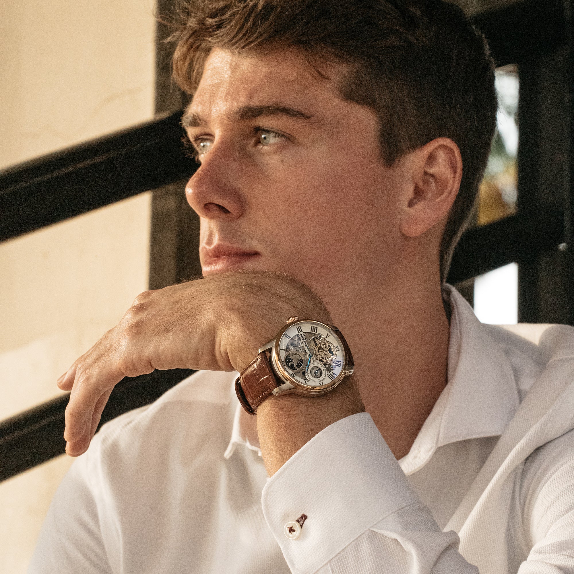 Longitude Automatic Skeleton Watch Silver White & Brown / Genuine leather strap Semi-transparent Dial - Image 3