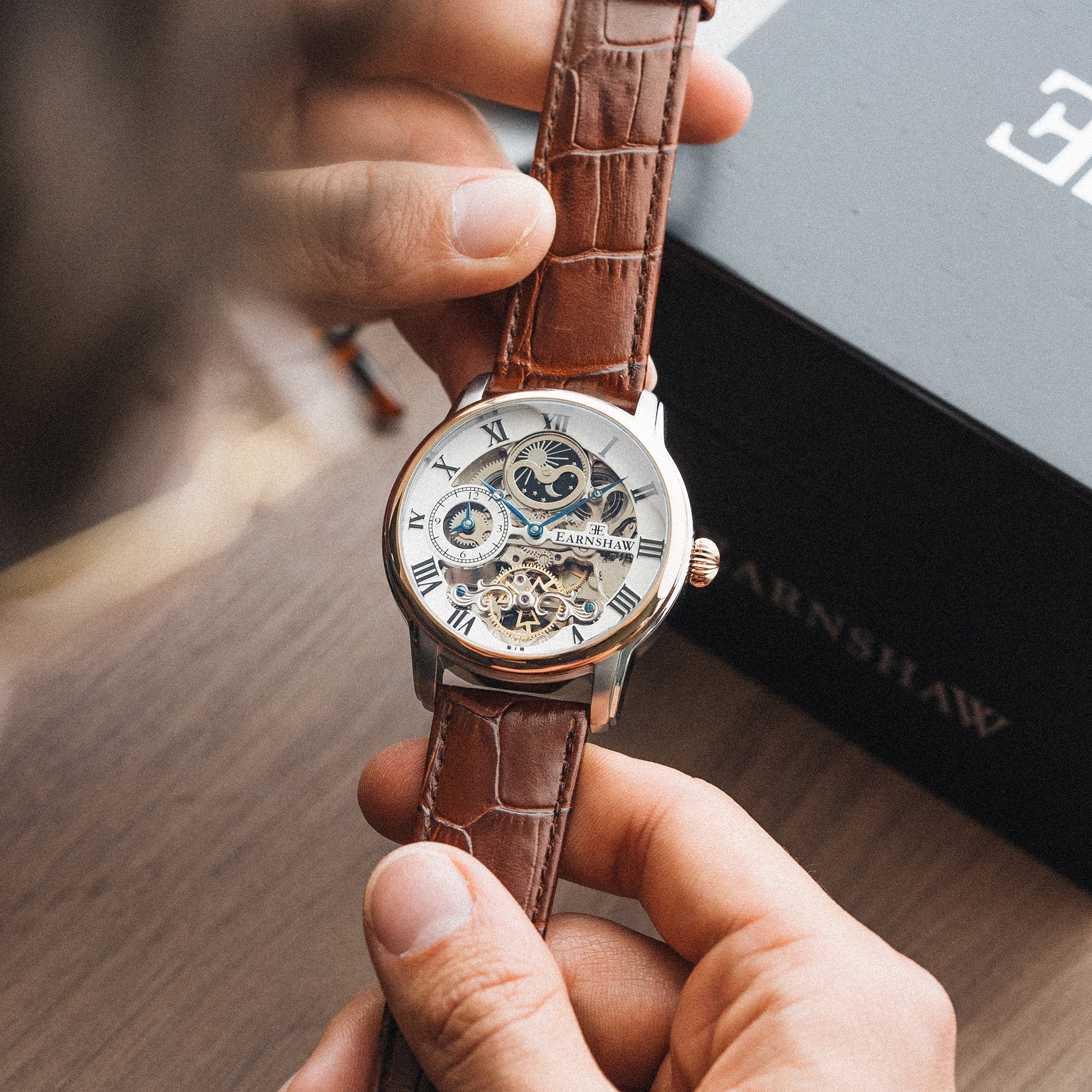 Longitude Automatic Skeleton Watch Silver White & Brown / Genuine leather strap Semi-transparent Dial - Image 4