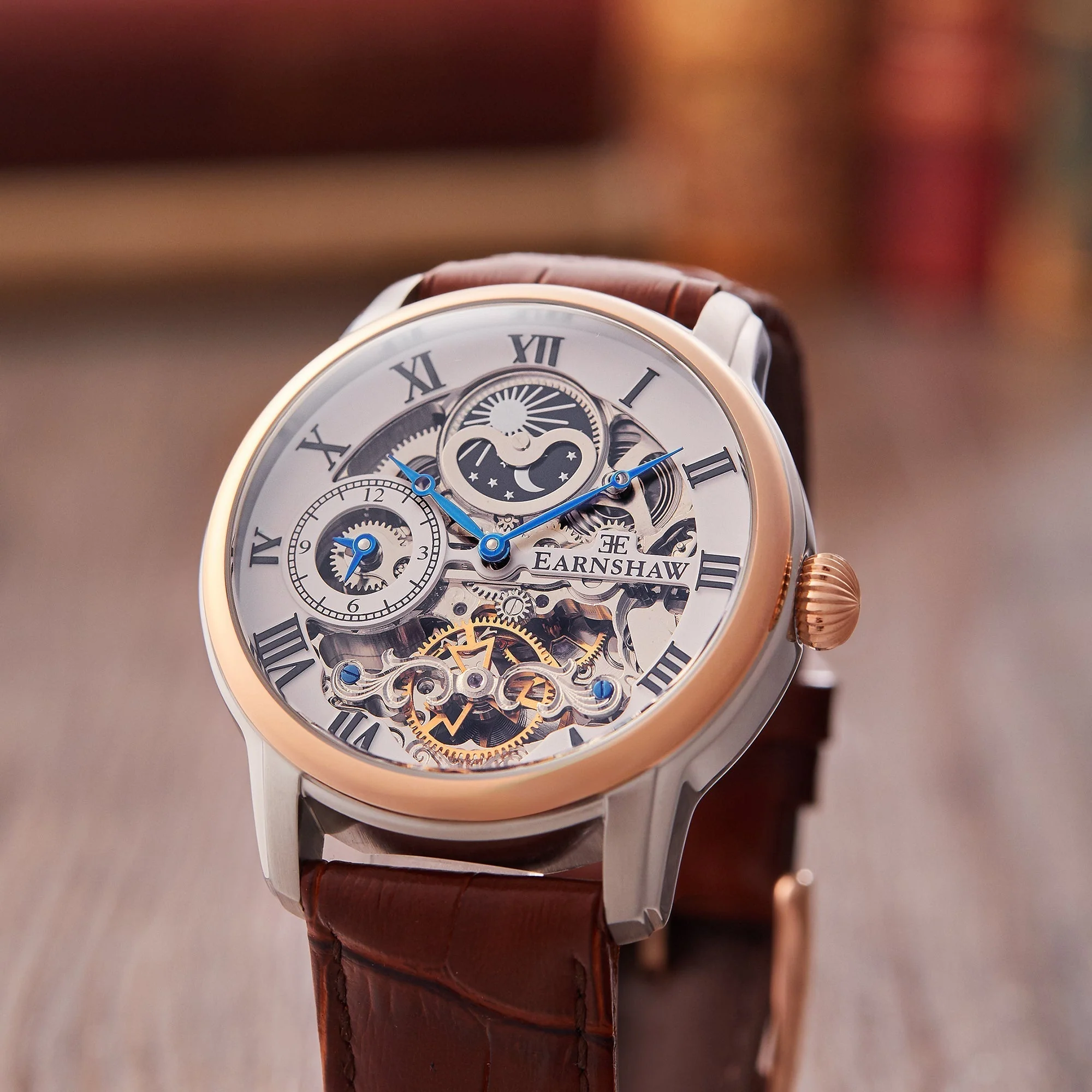 Longitude Automatic Skeleton Watch Silver White & Brown / Genuine leather strap Semi-transparent Dial - Image 5