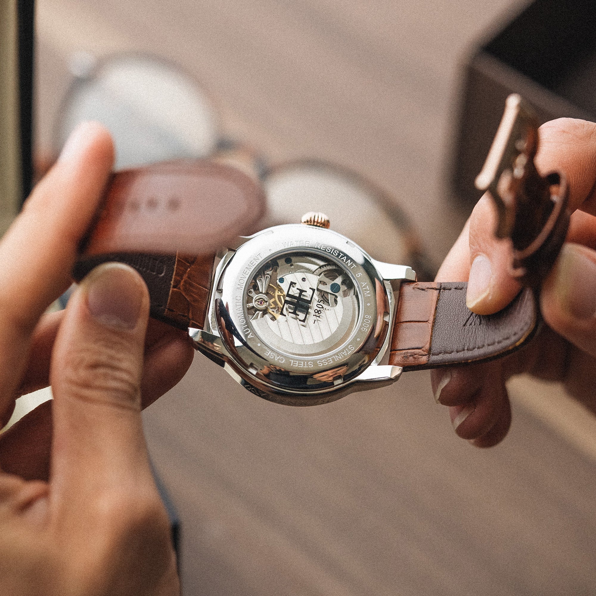 Longitude Automatic Skeleton Watch Silver White & Brown / Genuine leather strap Semi-transparent Dial - Image 6