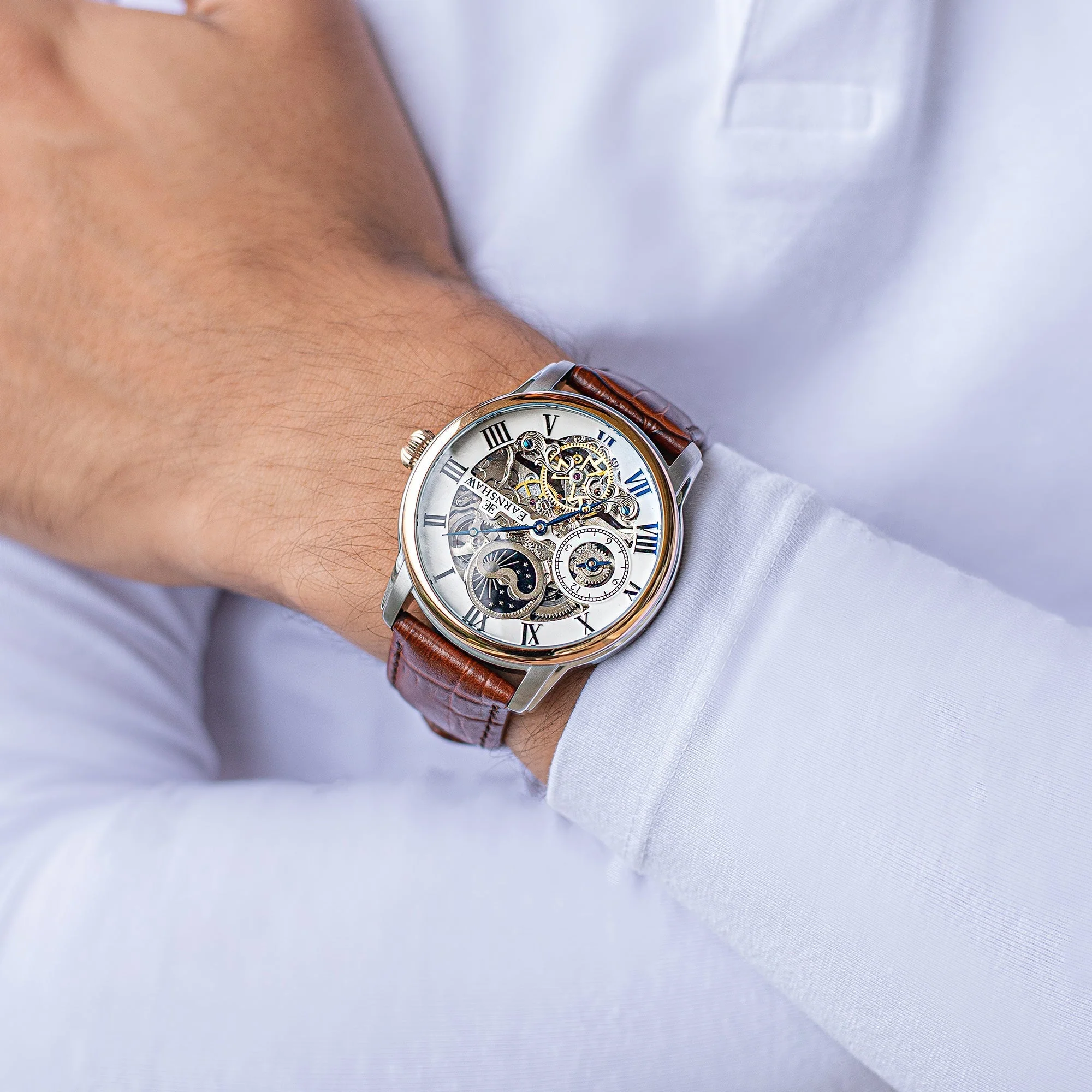 Longitude Automatic Skeleton Watch Silver White & Brown / Genuine leather strap Semi-transparent Dial - Image 7