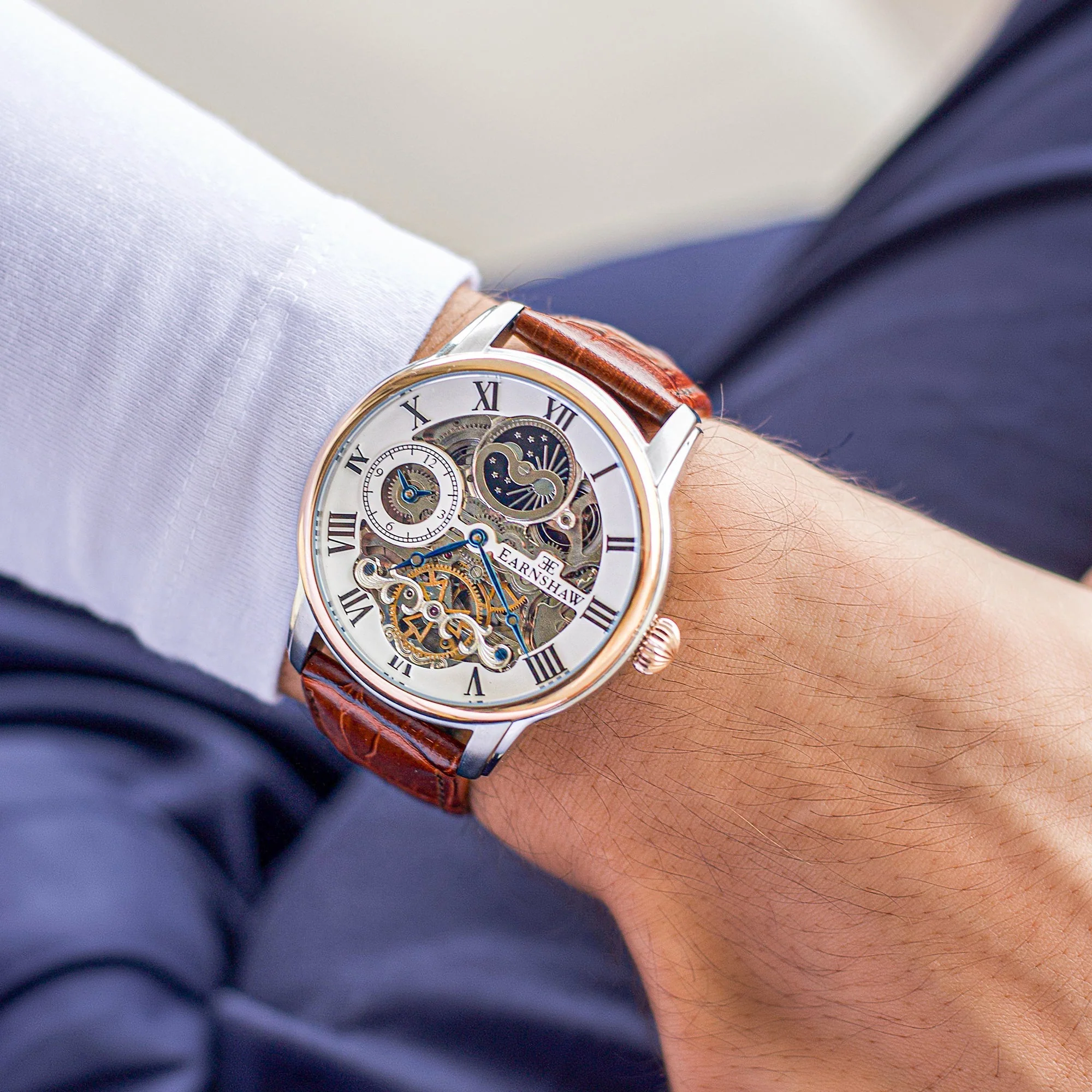 Longitude Automatic Skeleton Watch Silver White & Brown / Genuine leather strap Semi-transparent Dial - Image 8
