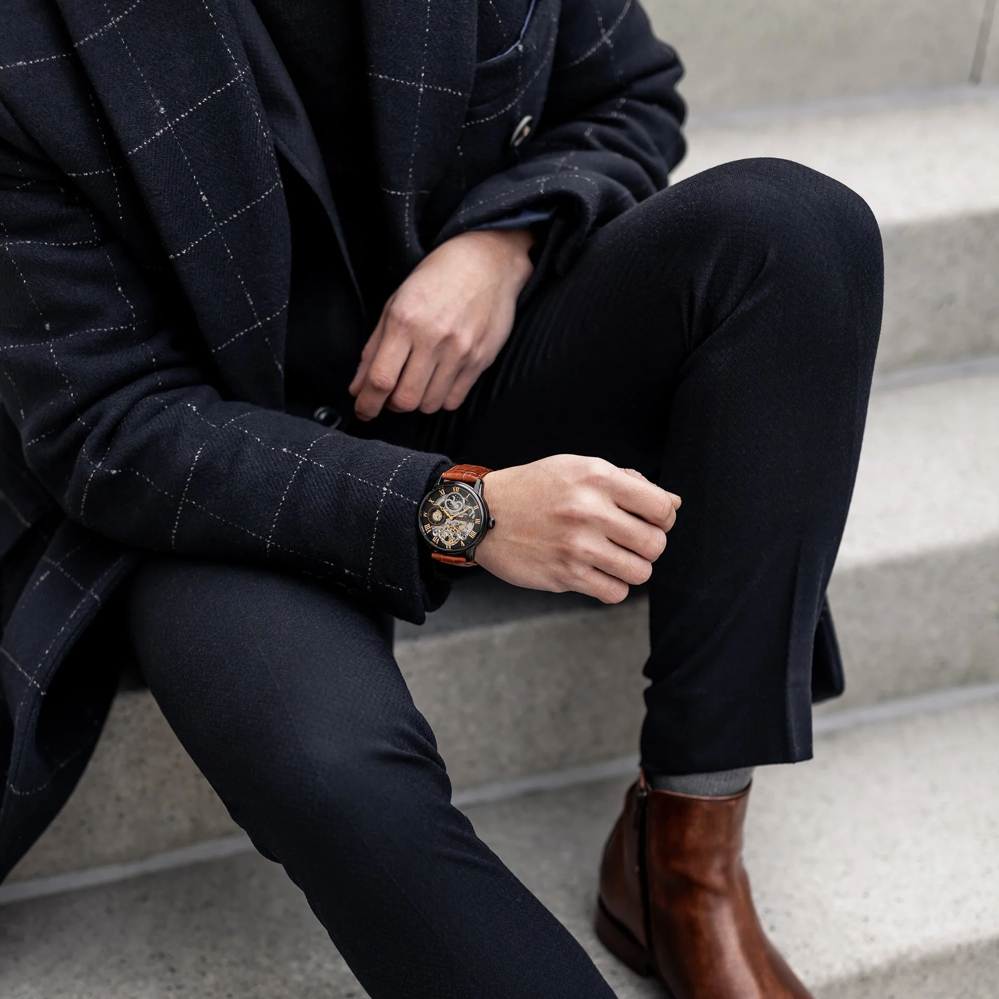 Longitude Automatic Skeleton Watch Black & Brown / Genuine leather strap | Semi-transparent Dial - Image 3
