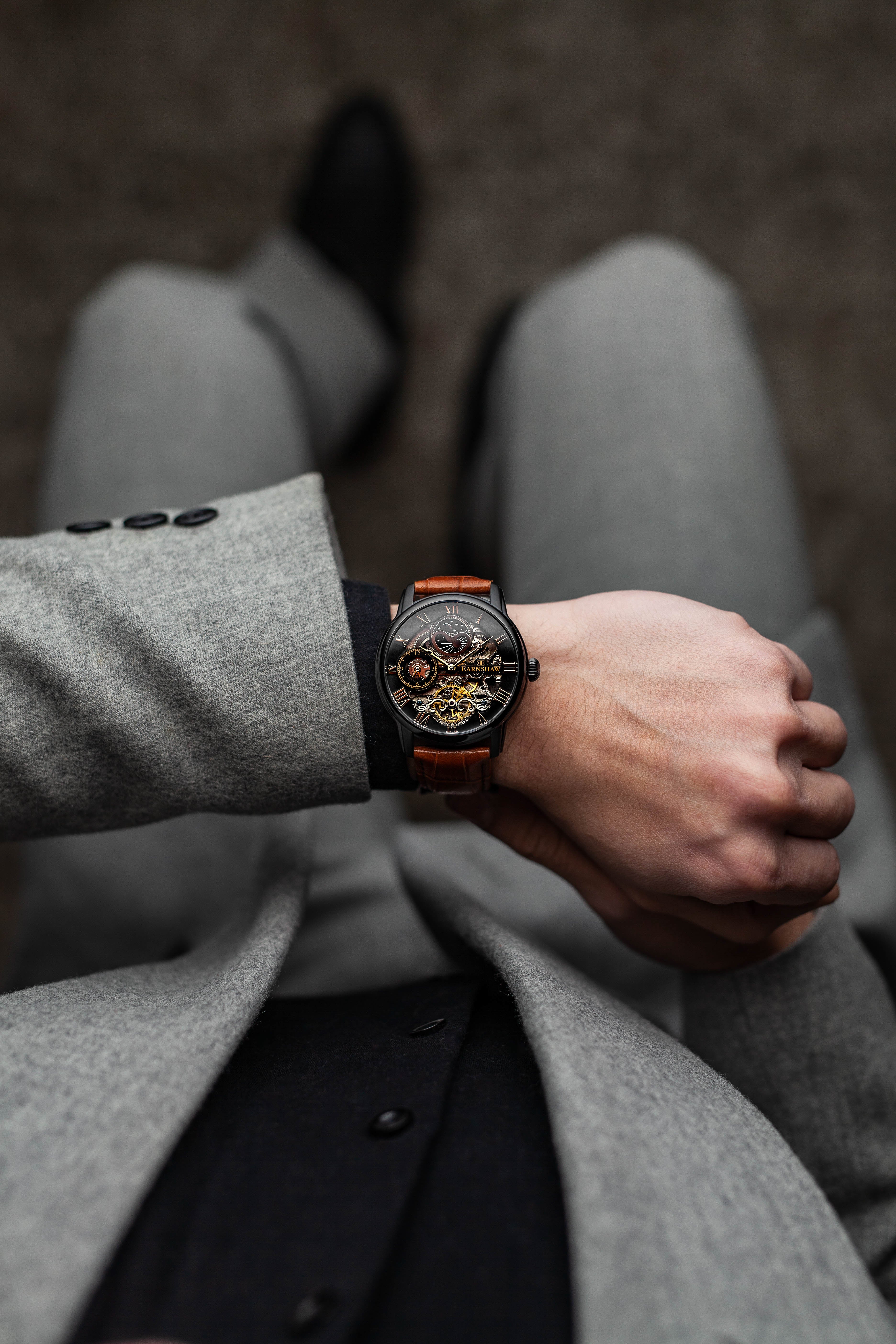 Longitude Automatic Skeleton Watch Black & Brown / Genuine leather strap | Semi-transparent Dial - Image 5