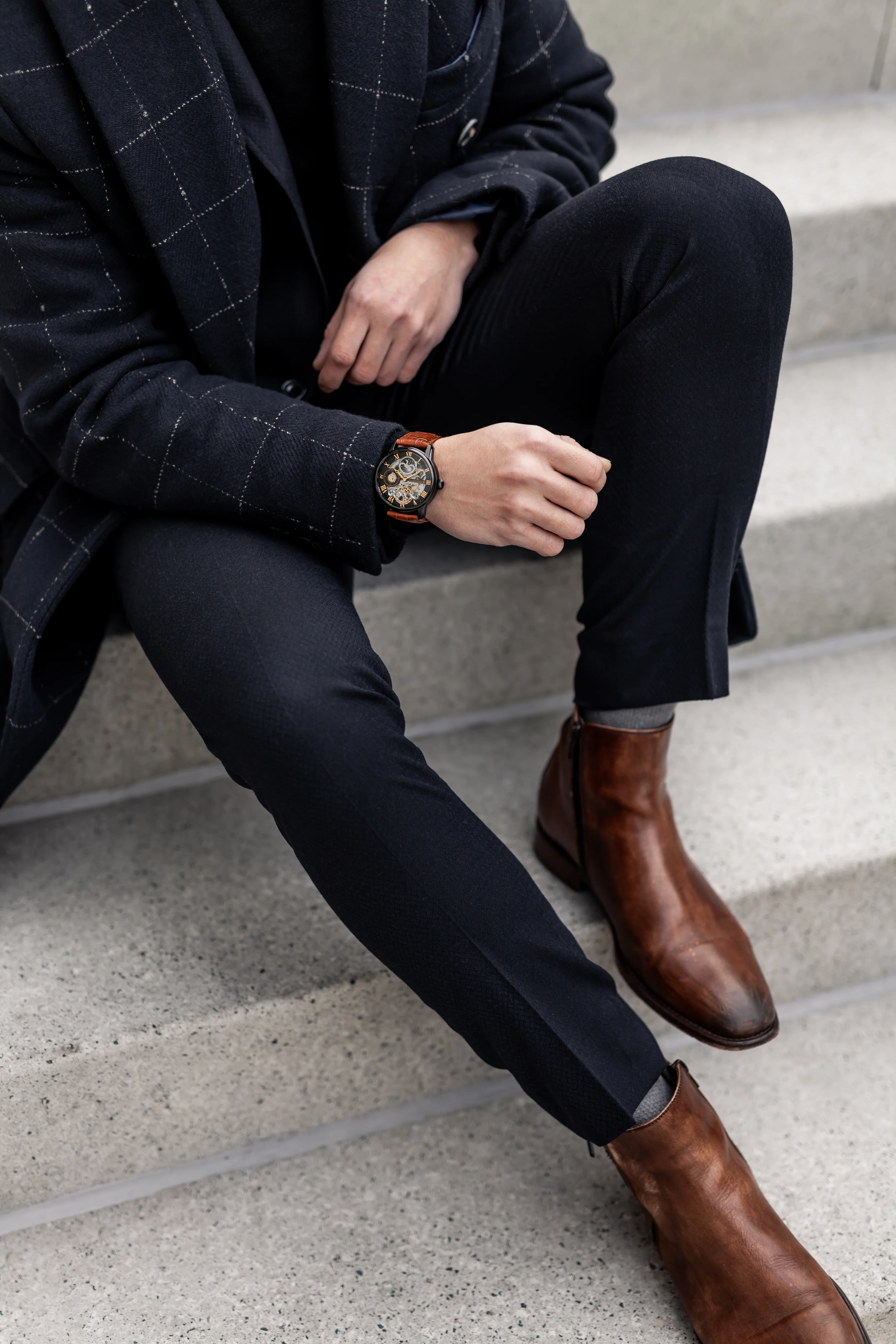 Longitude Automatic Skeleton Watch Black & Brown / Genuine leather strap | Semi-transparent Dial - Image 6