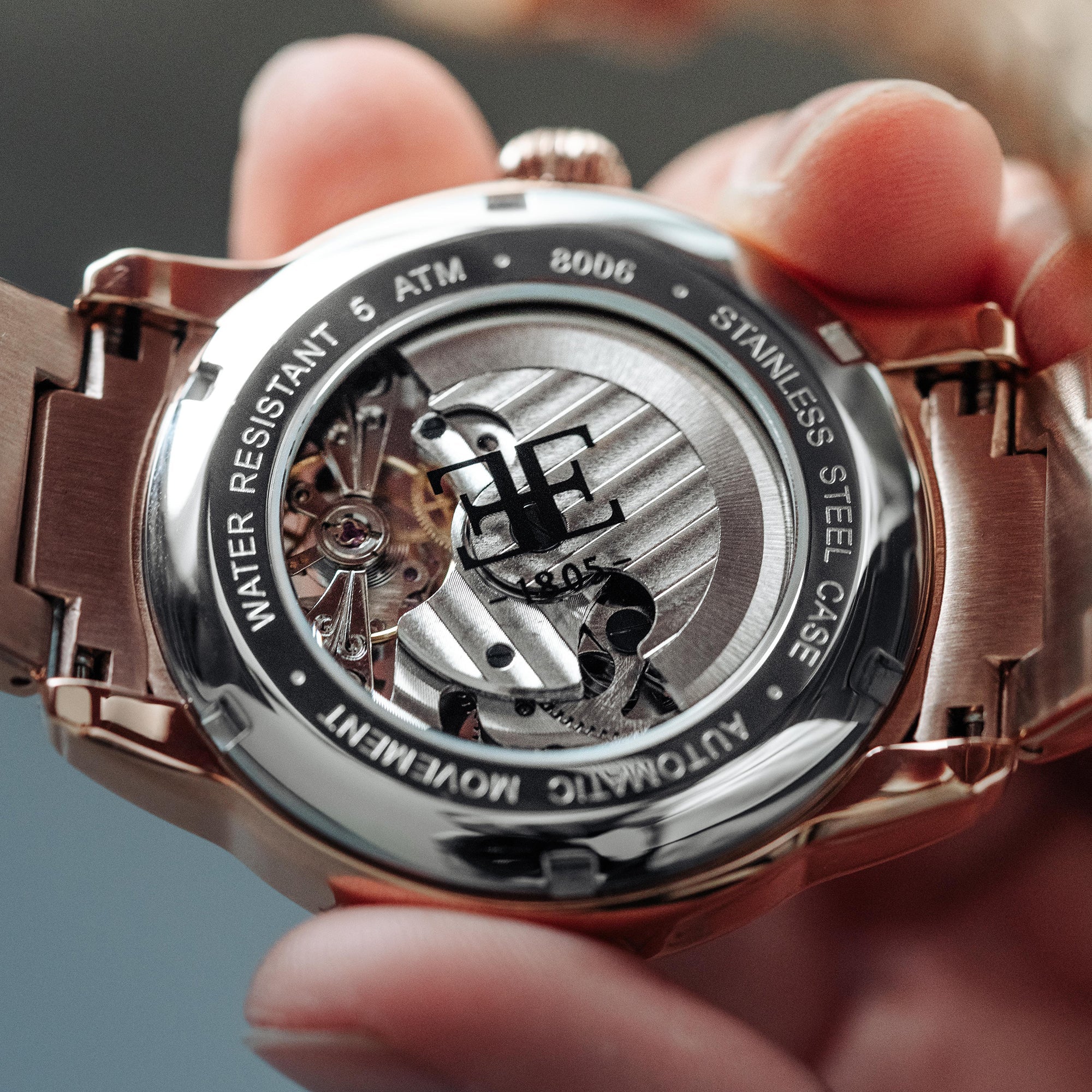 Longitude Automatic Skeleton Watch Black & Ionic Plating Rose Gold / Solid bracelet | Black Dial - Image 8
