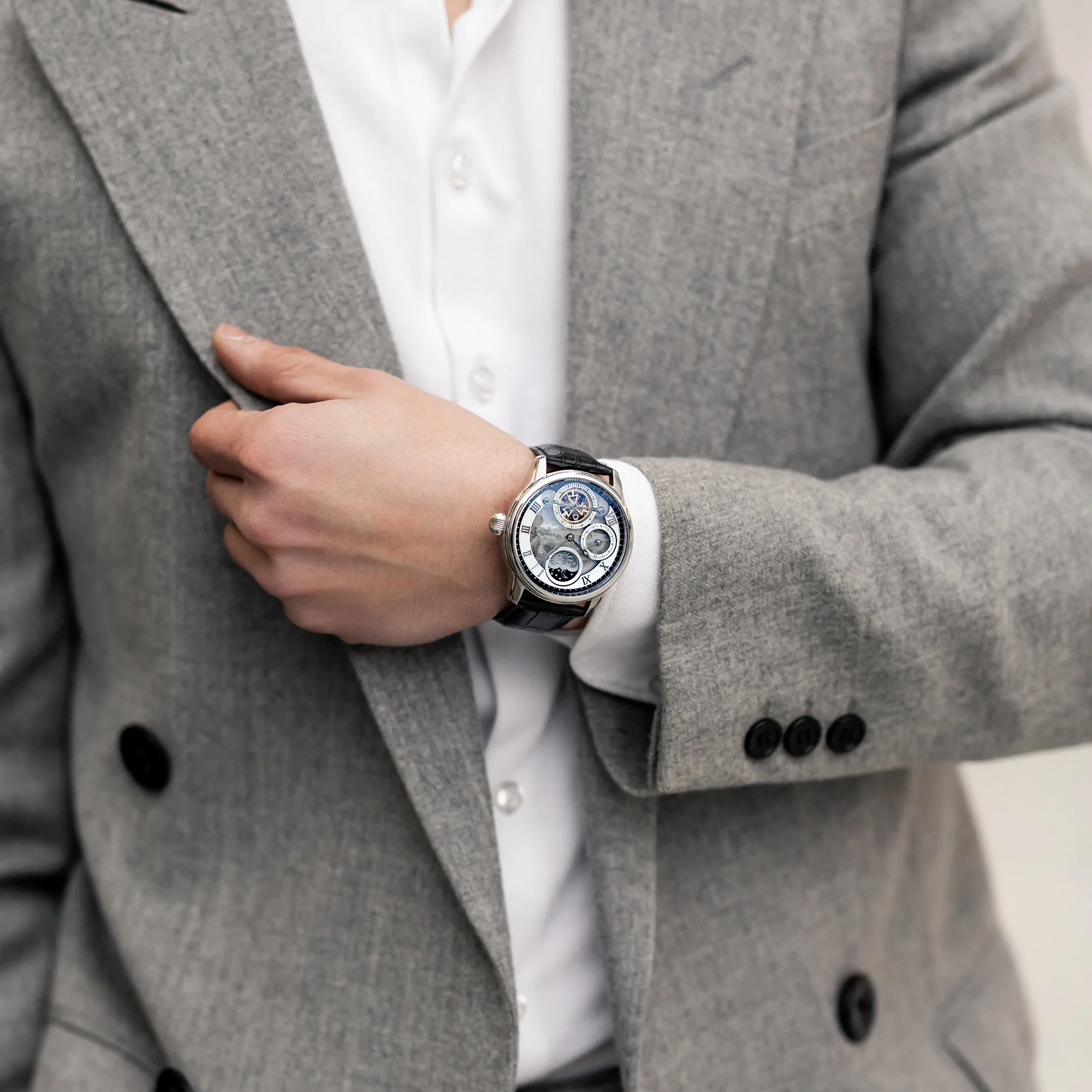 Longitude (Shadow Automatic) Automatic Skeleton Watch Silver White & Black / Genuine leather strap Silver Dial - Image 3