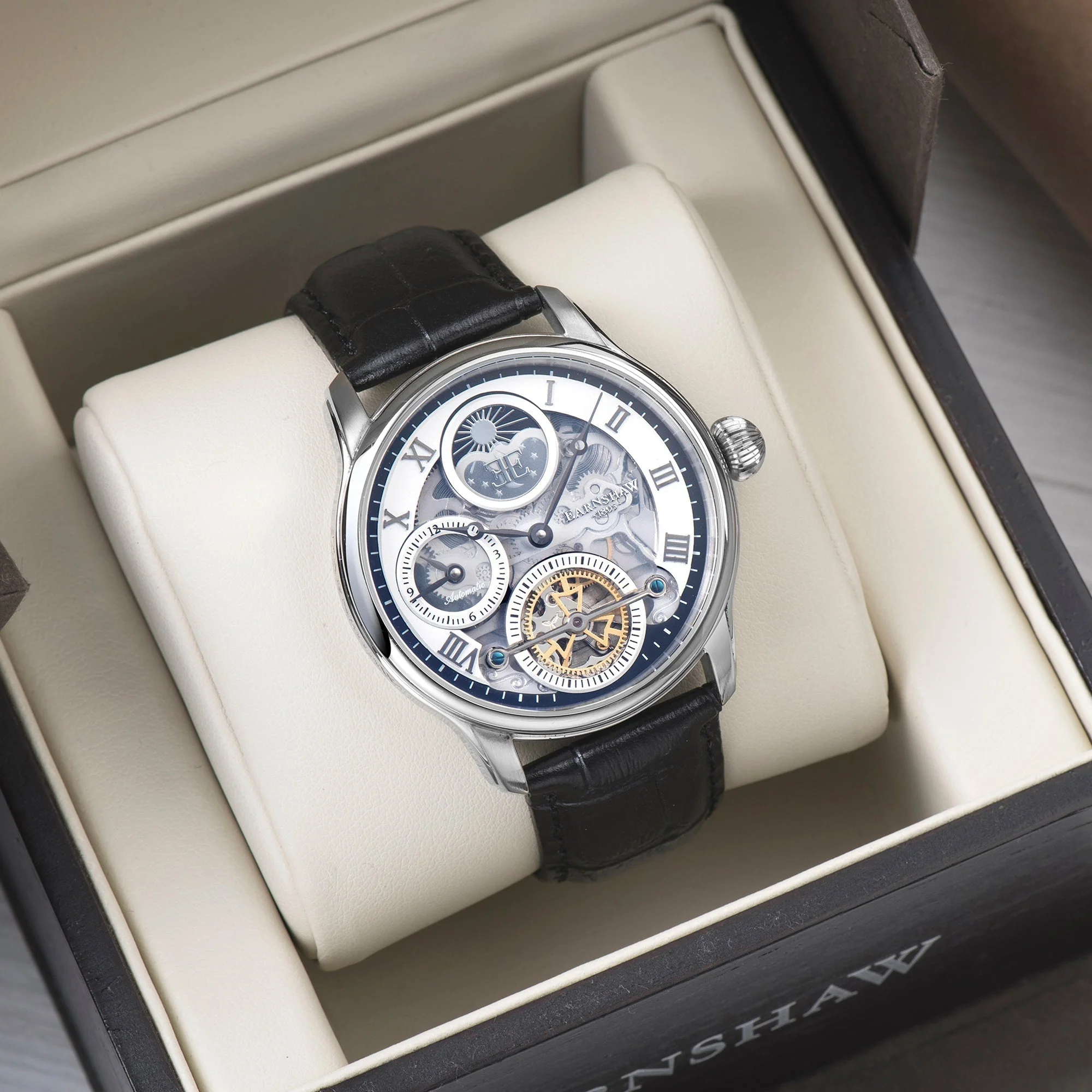 Longitude (Shadow Automatic) Automatic Skeleton Watch Silver White & Black / Genuine leather strap Silver Dial - Image 4