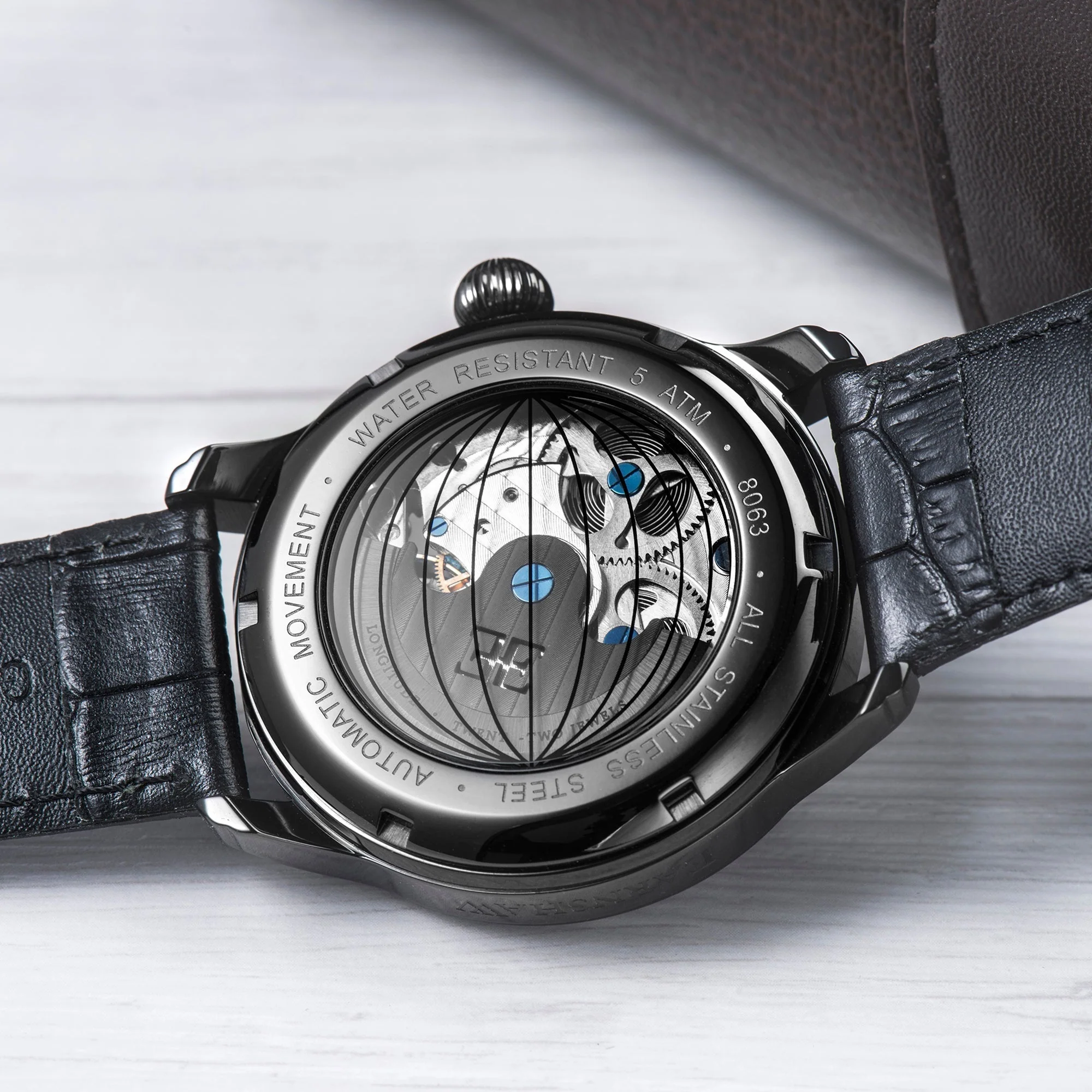 Longitude (Shadow Automatic) Automatic Skeleton Watch Silver White & Black / Genuine leather strap Silver Dial - Image 5