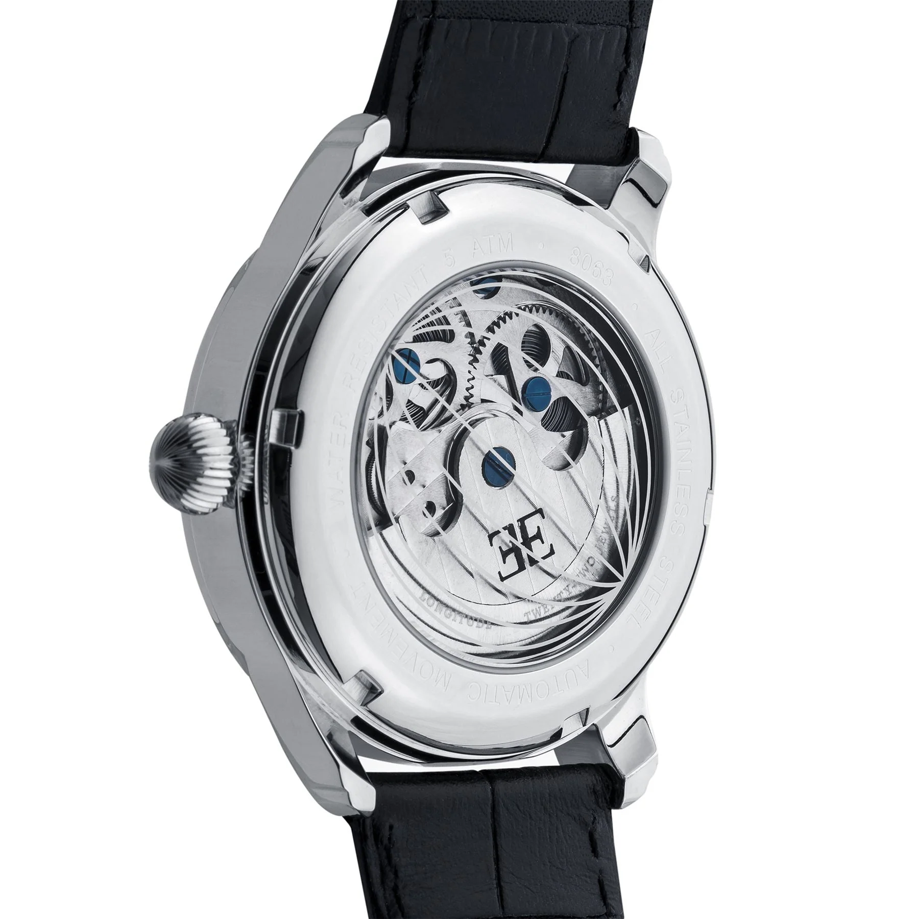 Longitude (Shadow Automatic) Automatic Skeleton Watch Silver White & Black / Genuine leather strap Silver Dial - Image 8