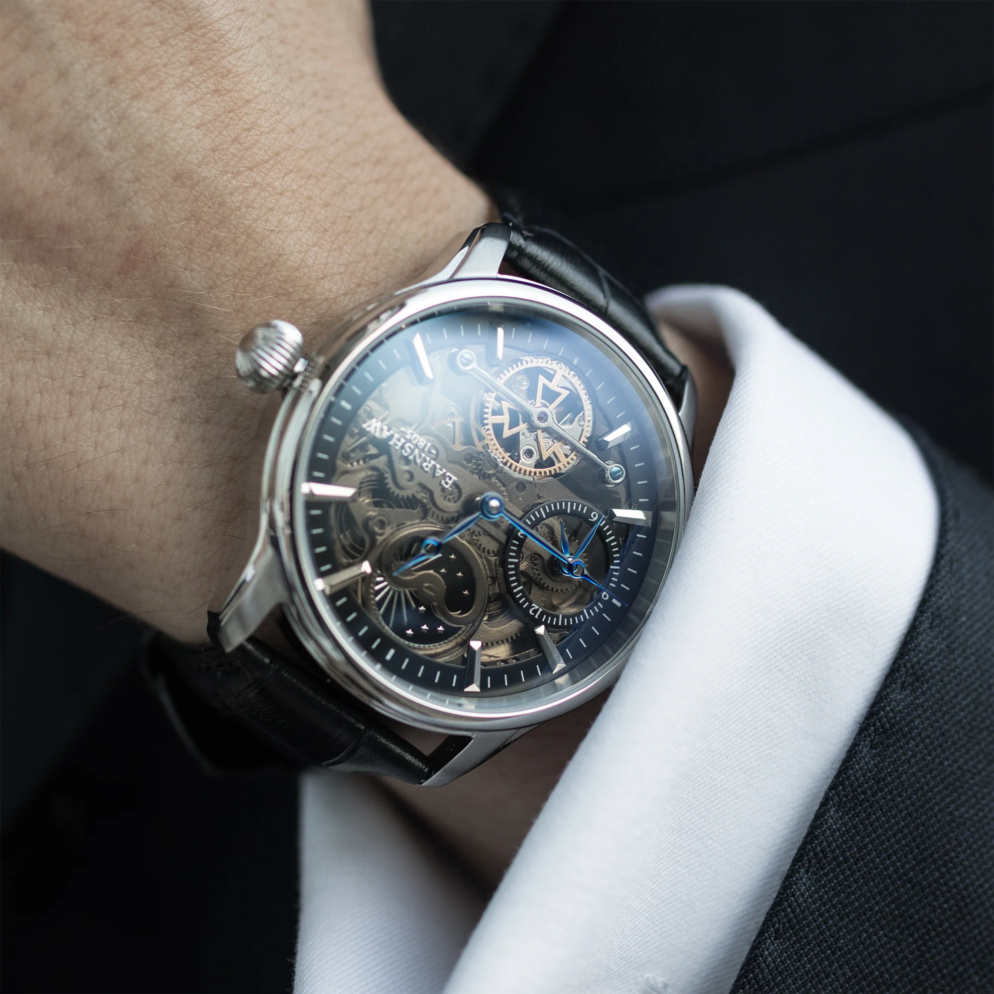 Longitude (Shadow Automatic) Automatic Skeleton Watch Black / Genuine leather strap Black Dial - Image 3