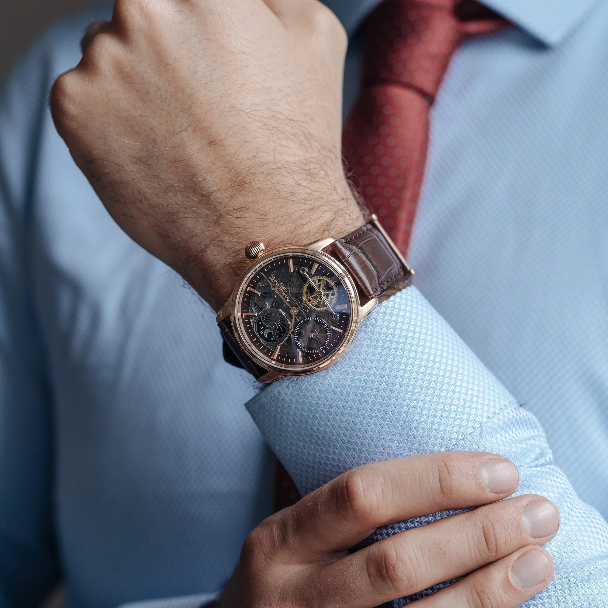 Longitude (Shadow Automatic) Automatic Skeleton Watch Brown / Genuine leather strap | Semi-transparent Dial - Image 5