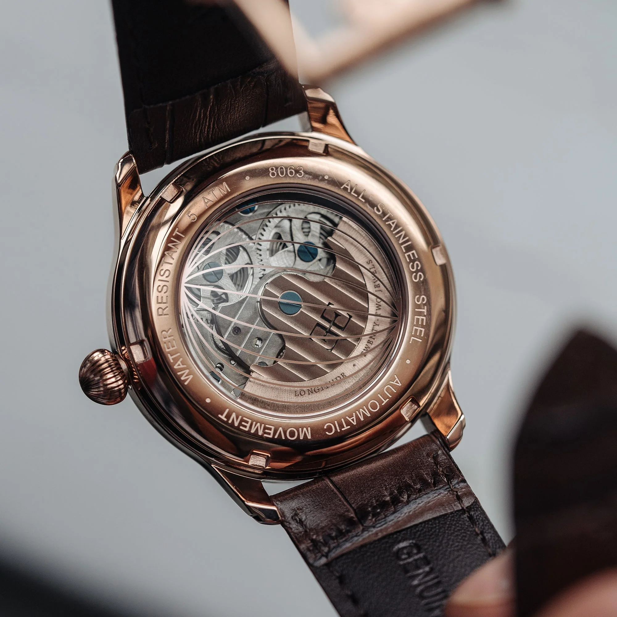 Longitude (Shadow Automatic) Automatic Skeleton Watch Brown / Genuine leather strap | Semi-transparent Dial - Image 8