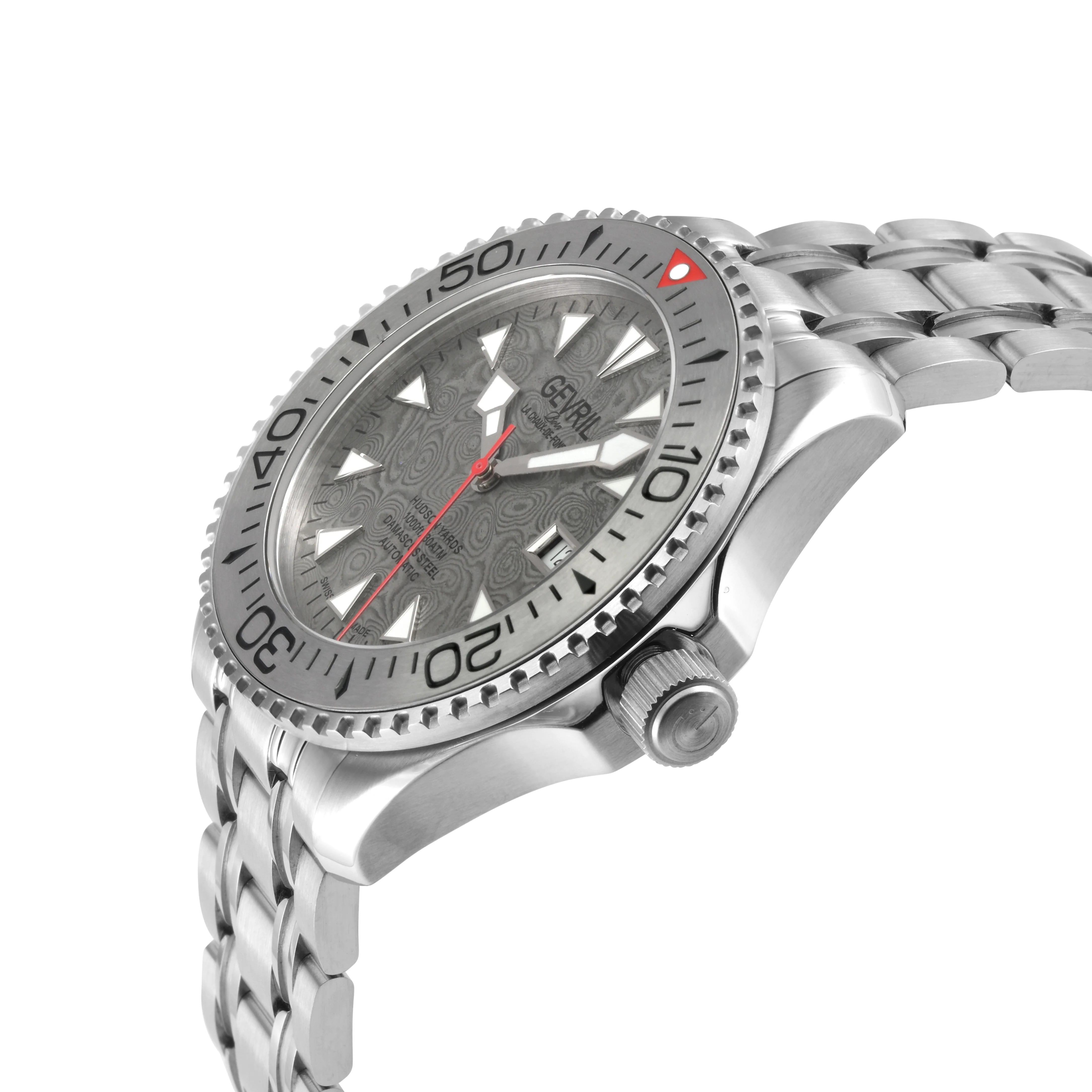 Hudson Yards -Damascus Swiss Automatic SW200-1 - Damascus Steel Gray Dial,  Unidirectional Rotating Bezel Gray Tungsten, 316L | Silver Dial - Image 2