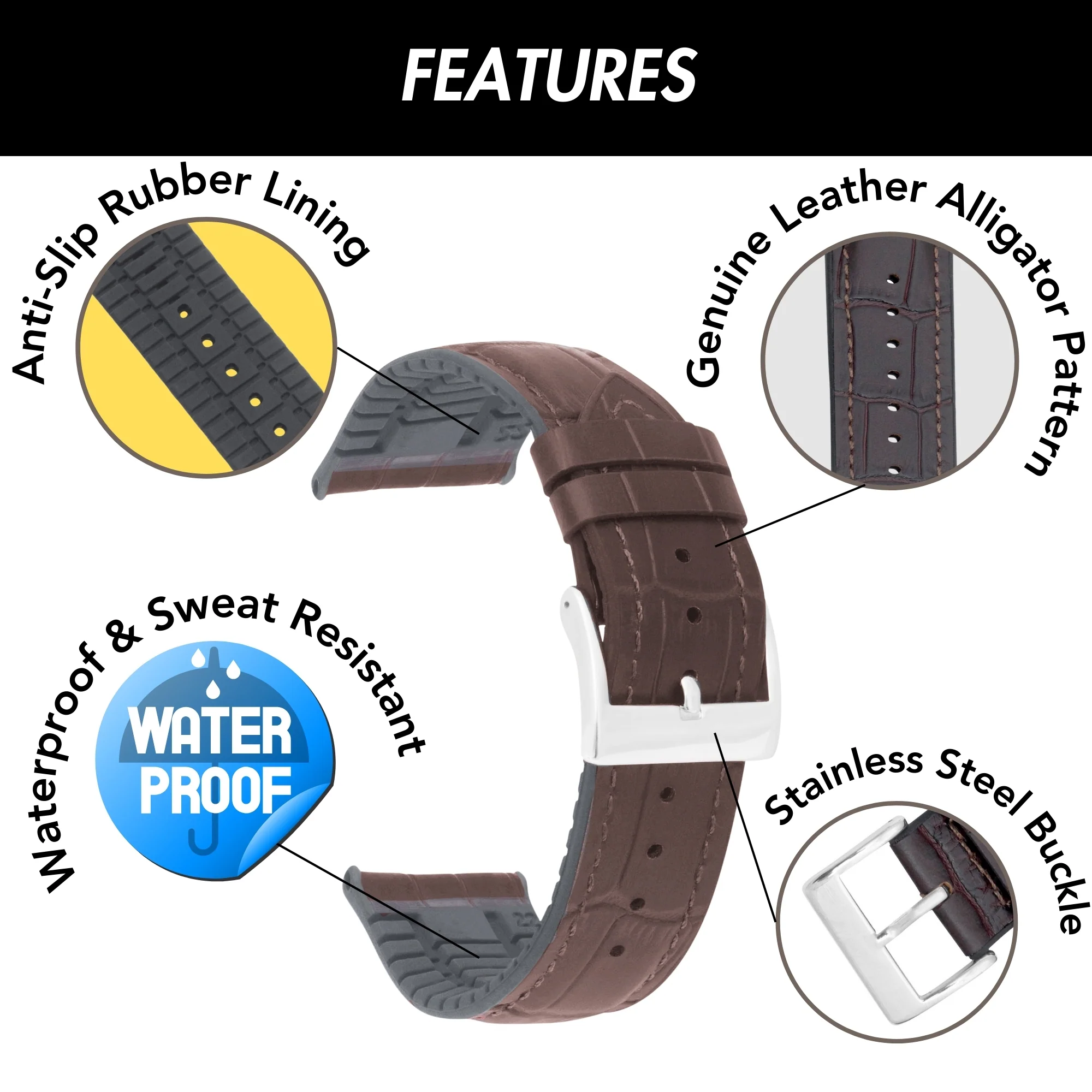 Hybrid Watch Band, Leather / Rubber Lining - Alligator Pattern Brown / 20mm | Dial - Image 3