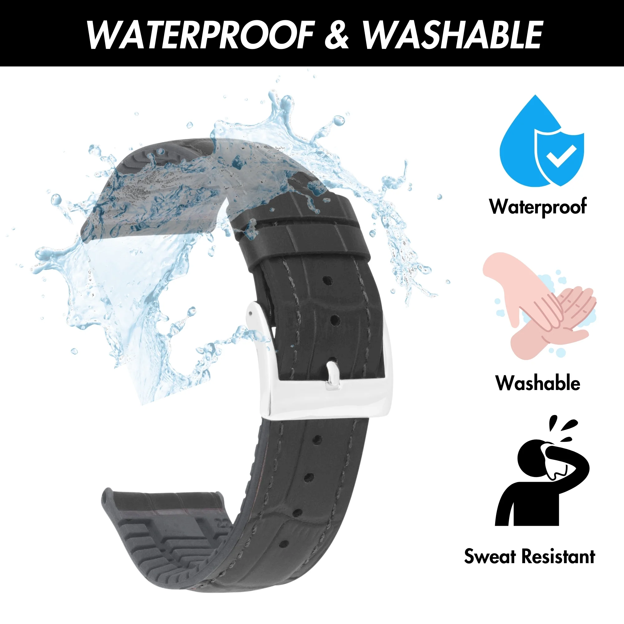 Hybrid Watch Band, Leather / Rubber Lining - Alligator Pattern Black / 22mm | Dial - Image 4