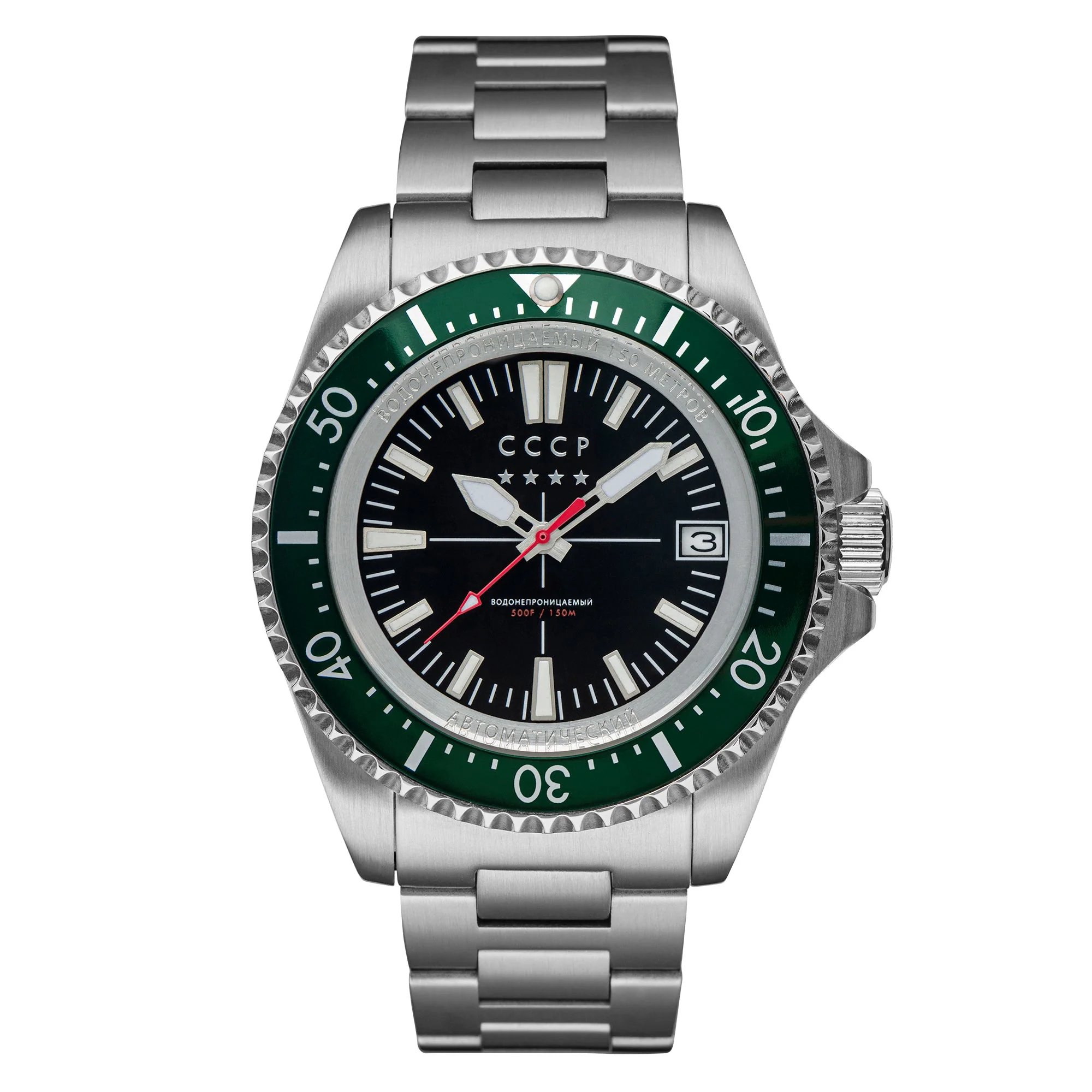 KAMCHATKA Black Dial SS Bracelet, Green Bezel Black Dial