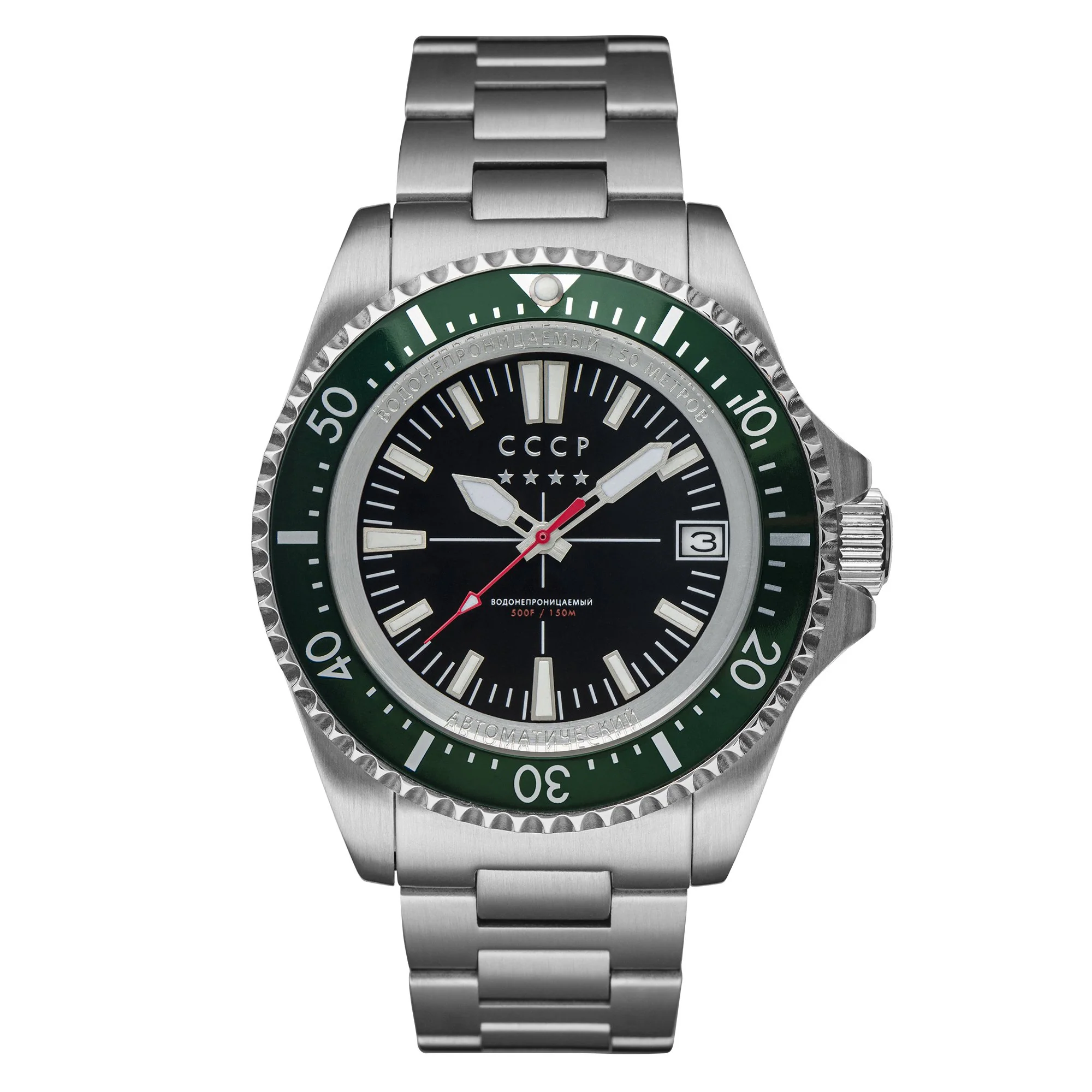 KAMCHATKA Black Dial SS Bracelet, Green Bezel Black Dial - Image 4
