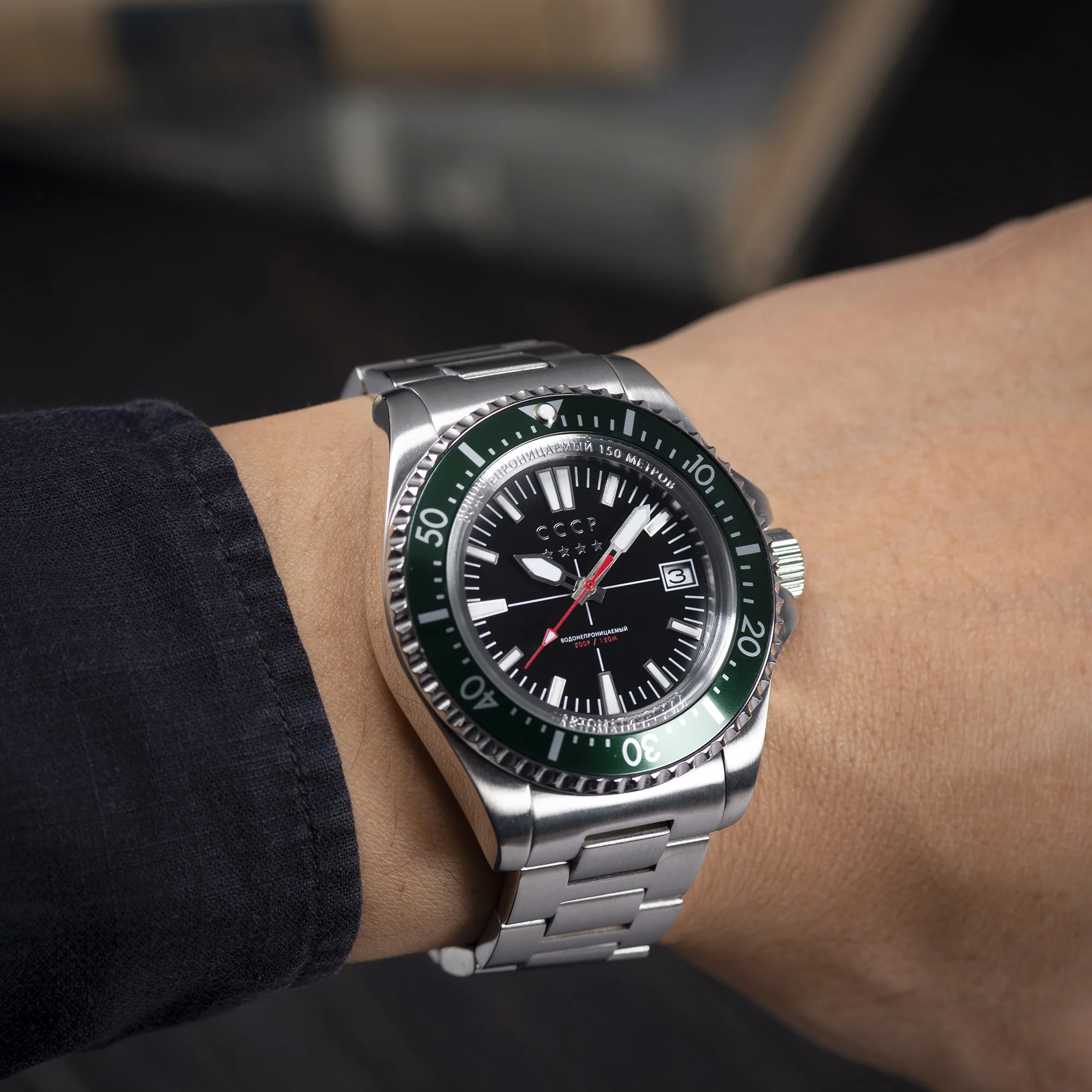 KAMCHATKA Black Dial SS Bracelet, Green Bezel Black Dial - Image 5