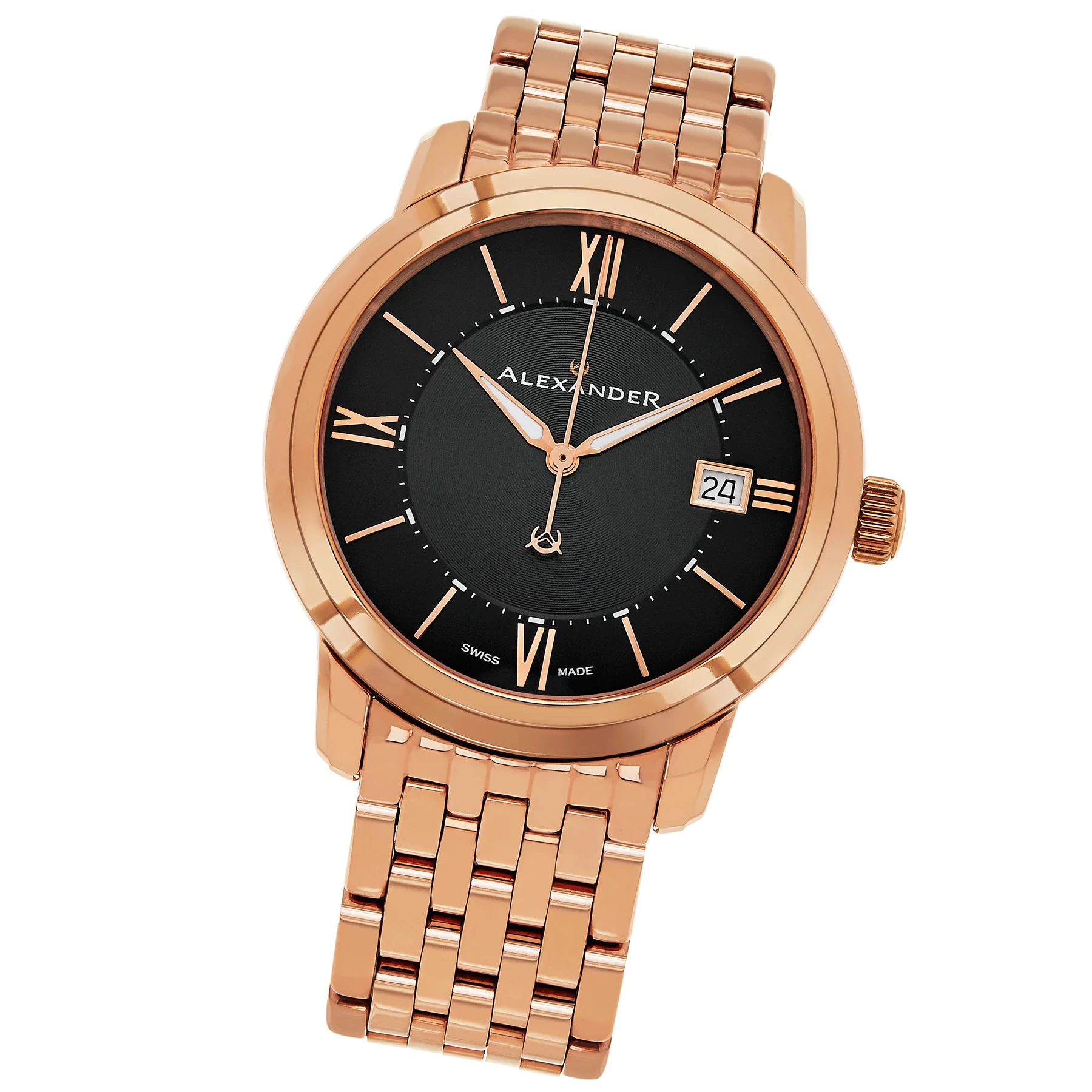 Macedon A111B Stainless Steel Rose Gold Tone Case on Stainless Steel Rose Gold Tone Bracelet, Black Dial | Black Dial