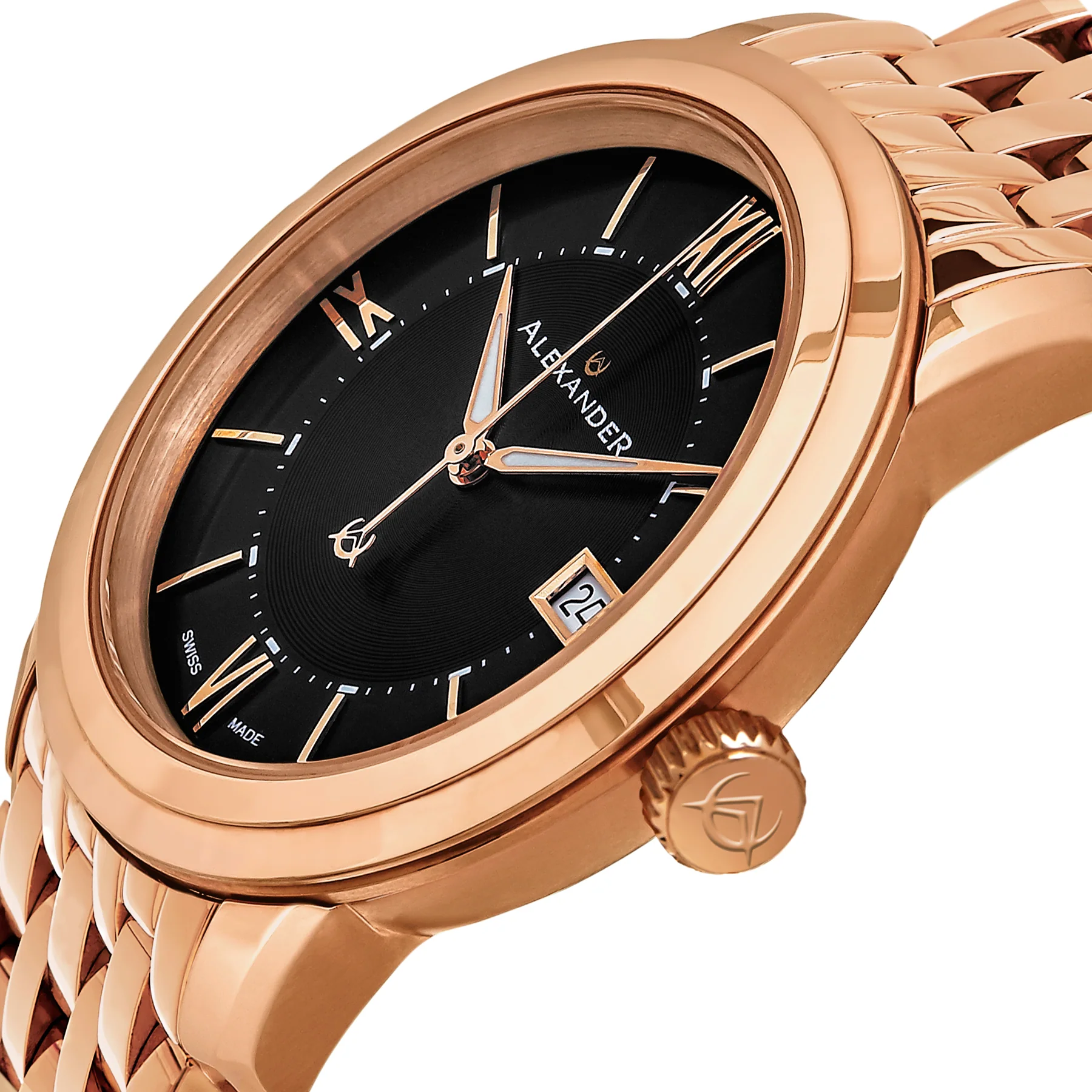 Macedon A111B Stainless Steel Rose Gold Tone Case on Stainless Steel Rose Gold Tone Bracelet, Black Dial | Black Dial - Image 4